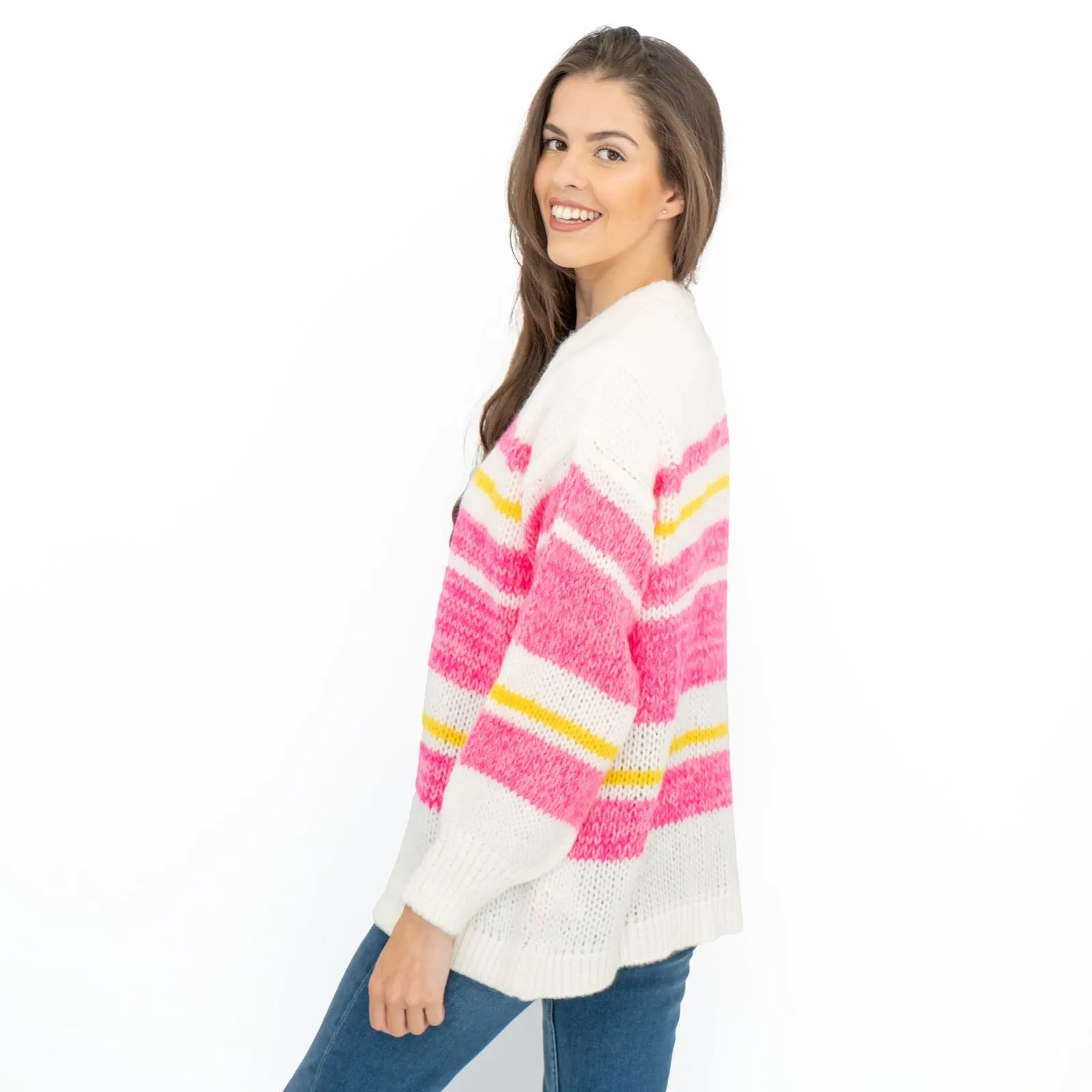Joules Womens Cardigan Pink White Slouchy Stripe Supersoft Chunky Knit