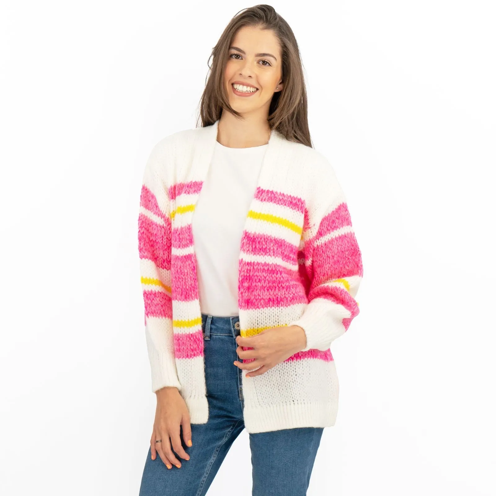 Joules Womens Cardigan Pink White Slouchy Stripe Supersoft Chunky Knit