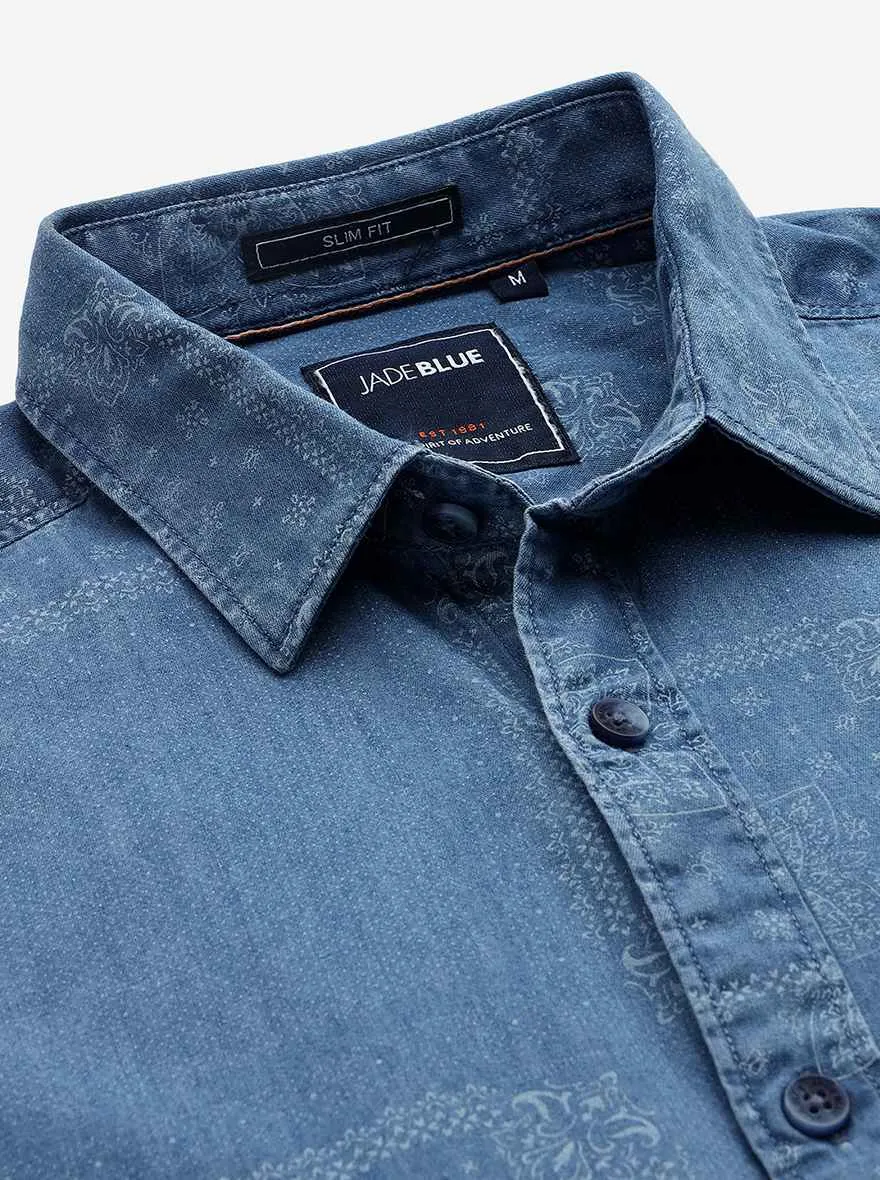 Light Indigo Blue Printed Slim Fit Casual Shirt | JadeBlue