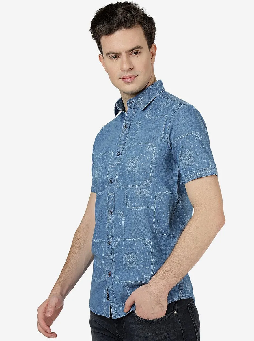 Light Indigo Blue Printed Slim Fit Casual Shirt | JadeBlue