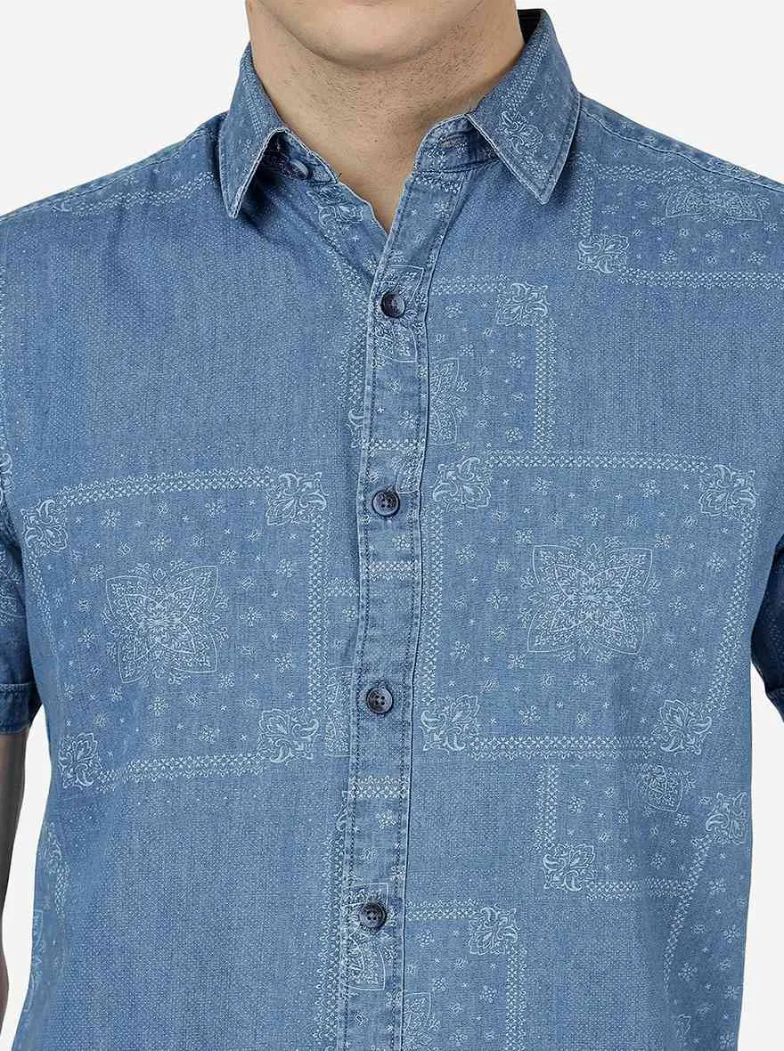 Light Indigo Blue Printed Slim Fit Casual Shirt | JadeBlue