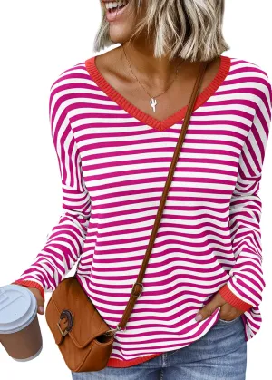 LILLUSORY Womens Sweaters Striped V Neck Oversized Lightweight Pullover Fall Outfits Fashion 2025 Cute Drop Shoulder Clothes