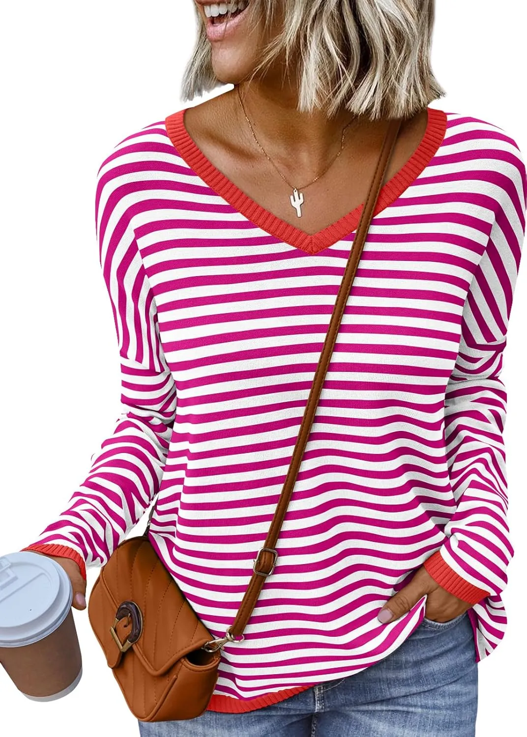 LILLUSORY Womens Sweaters Striped V Neck Oversized Lightweight Pullover Fall Outfits Fashion 2025 Cute Drop Shoulder Clothes