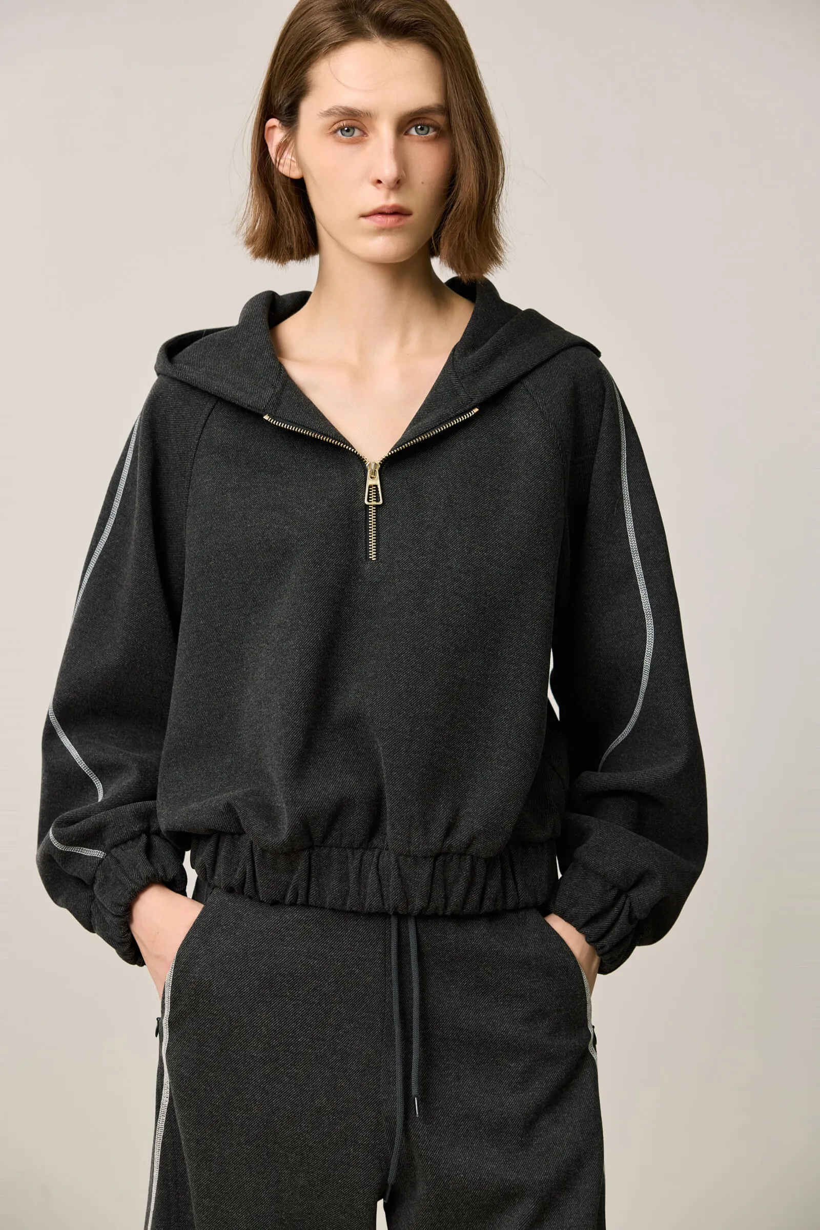 LILY Casual Sporty Zip-Neck Hooded Sweatshirt