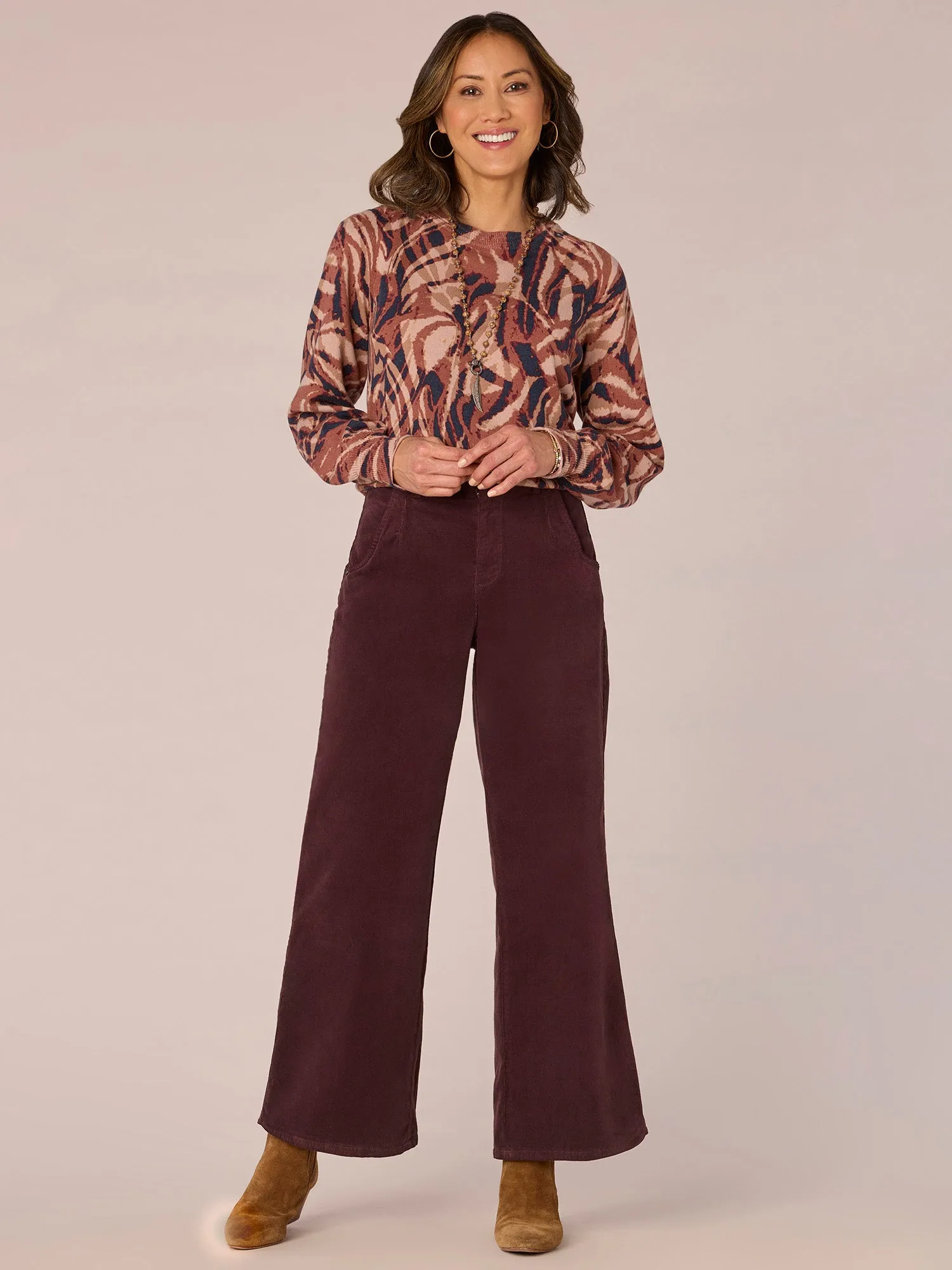 Long Puff Sleeve Round Neck Abstract Print Hi-Low Hem Sweater