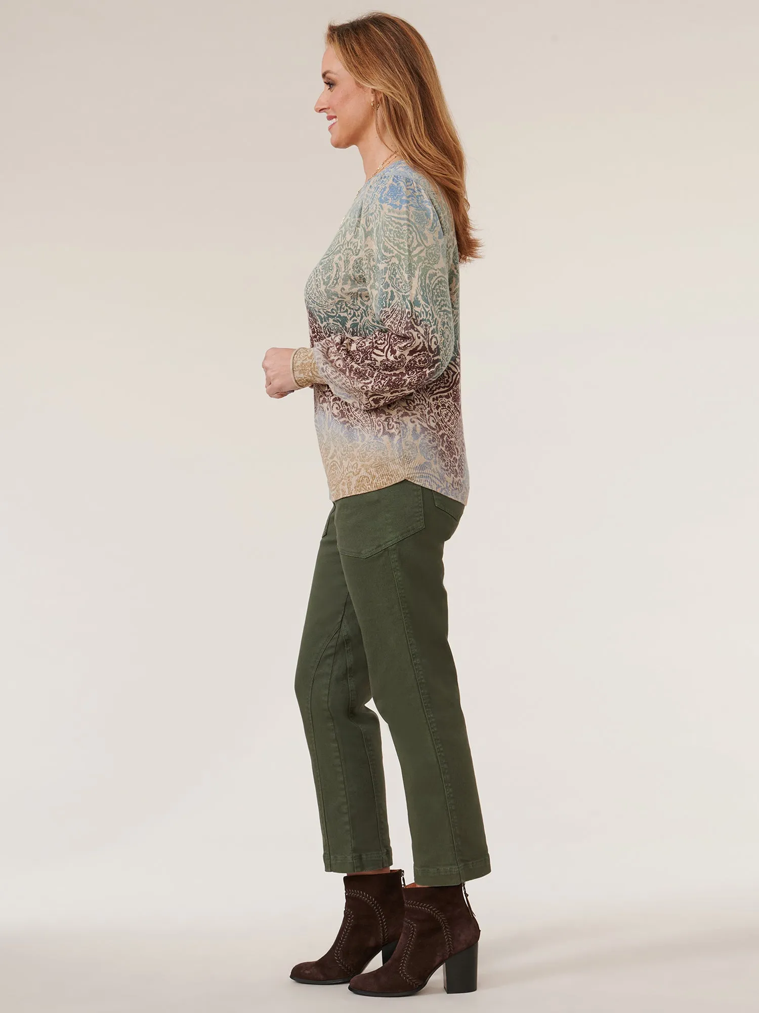 Long Puff Sleeve Round Neck Abstract Print Hi-Low Hem Sweater