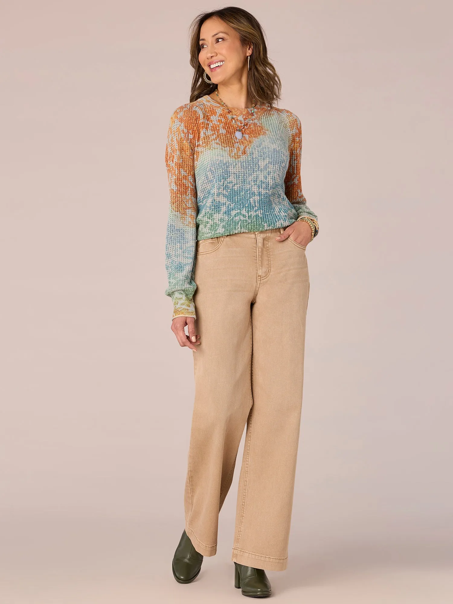 Long Puff Sleeve Round Neck Abstract Print Hi-Low Hem Sweater
