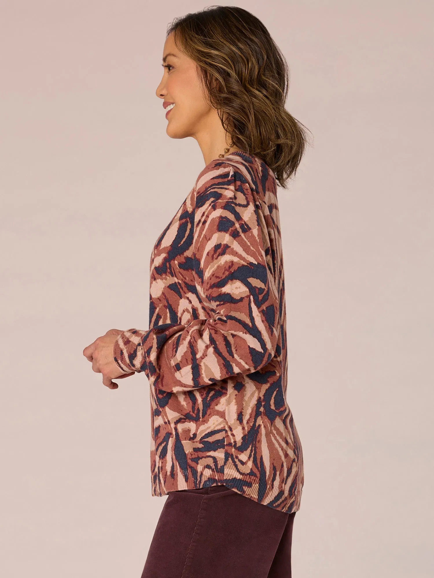 Long Puff Sleeve Round Neck Abstract Print Hi-Low Hem Sweater