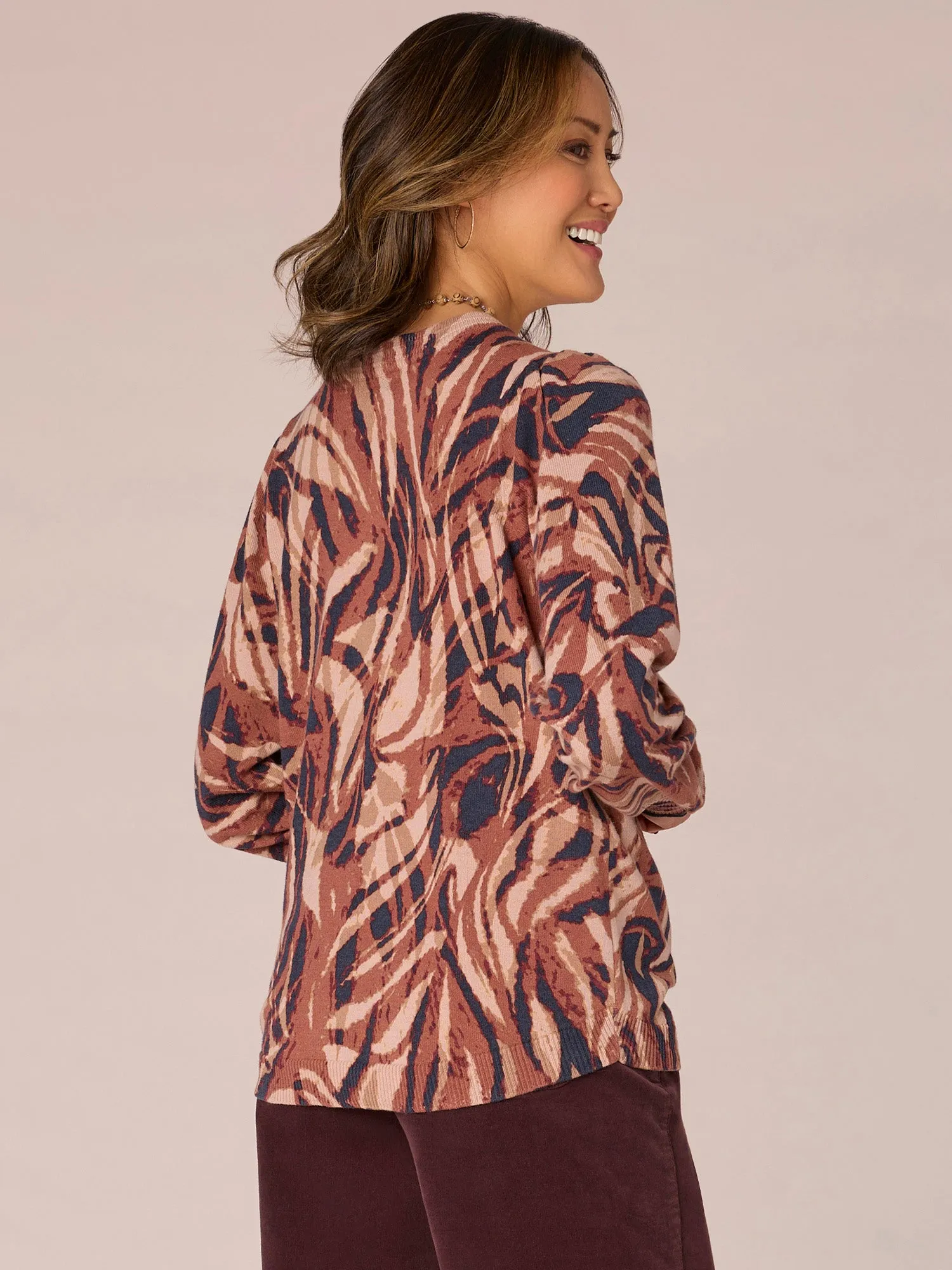 Long Puff Sleeve Round Neck Abstract Print Hi-Low Hem Sweater