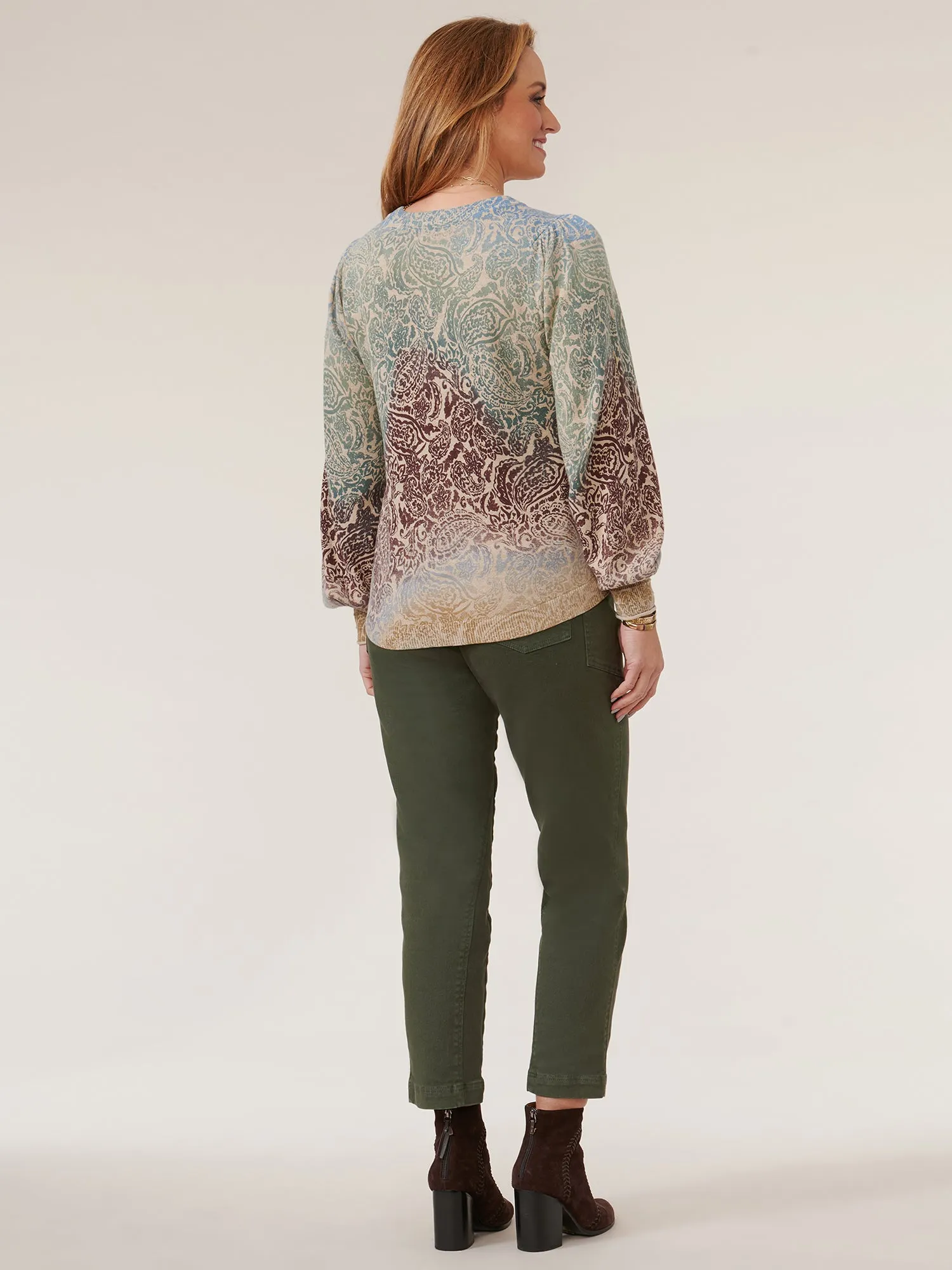 Long Puff Sleeve Round Neck Abstract Print Hi-Low Hem Sweater