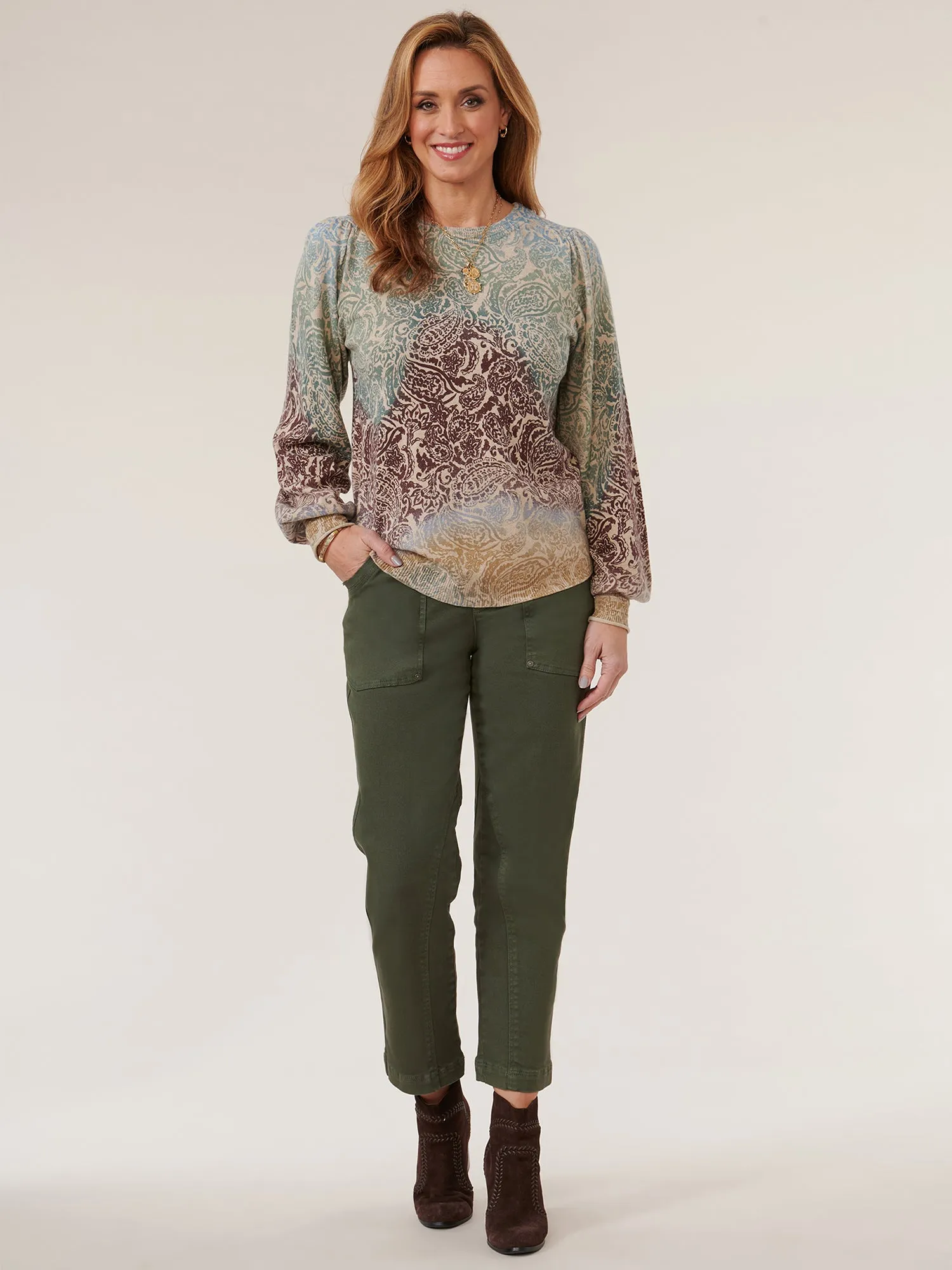 Long Puff Sleeve Round Neck Abstract Print Hi-Low Hem Sweater