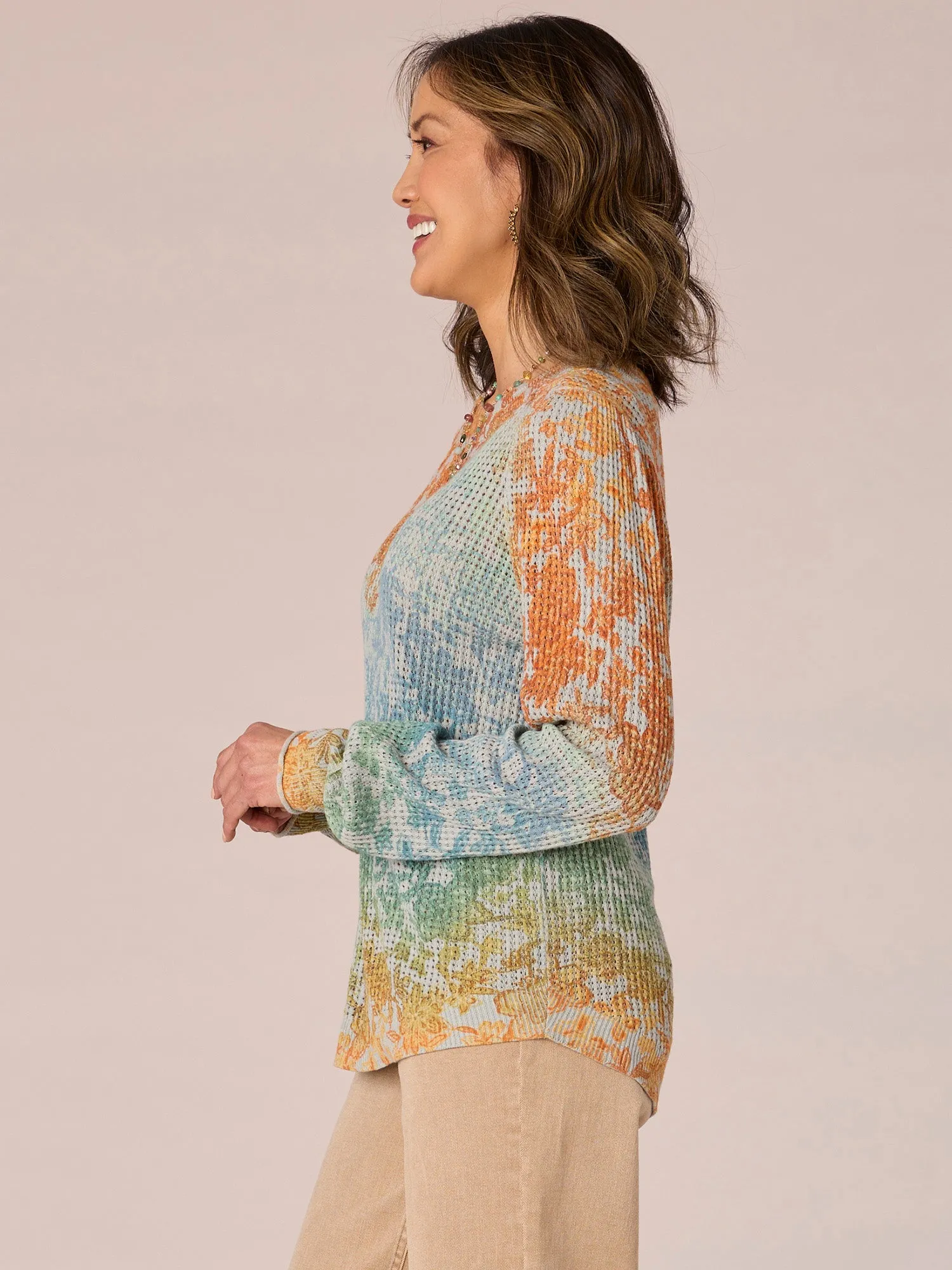 Long Puff Sleeve Round Neck Abstract Print Hi-Low Hem Sweater