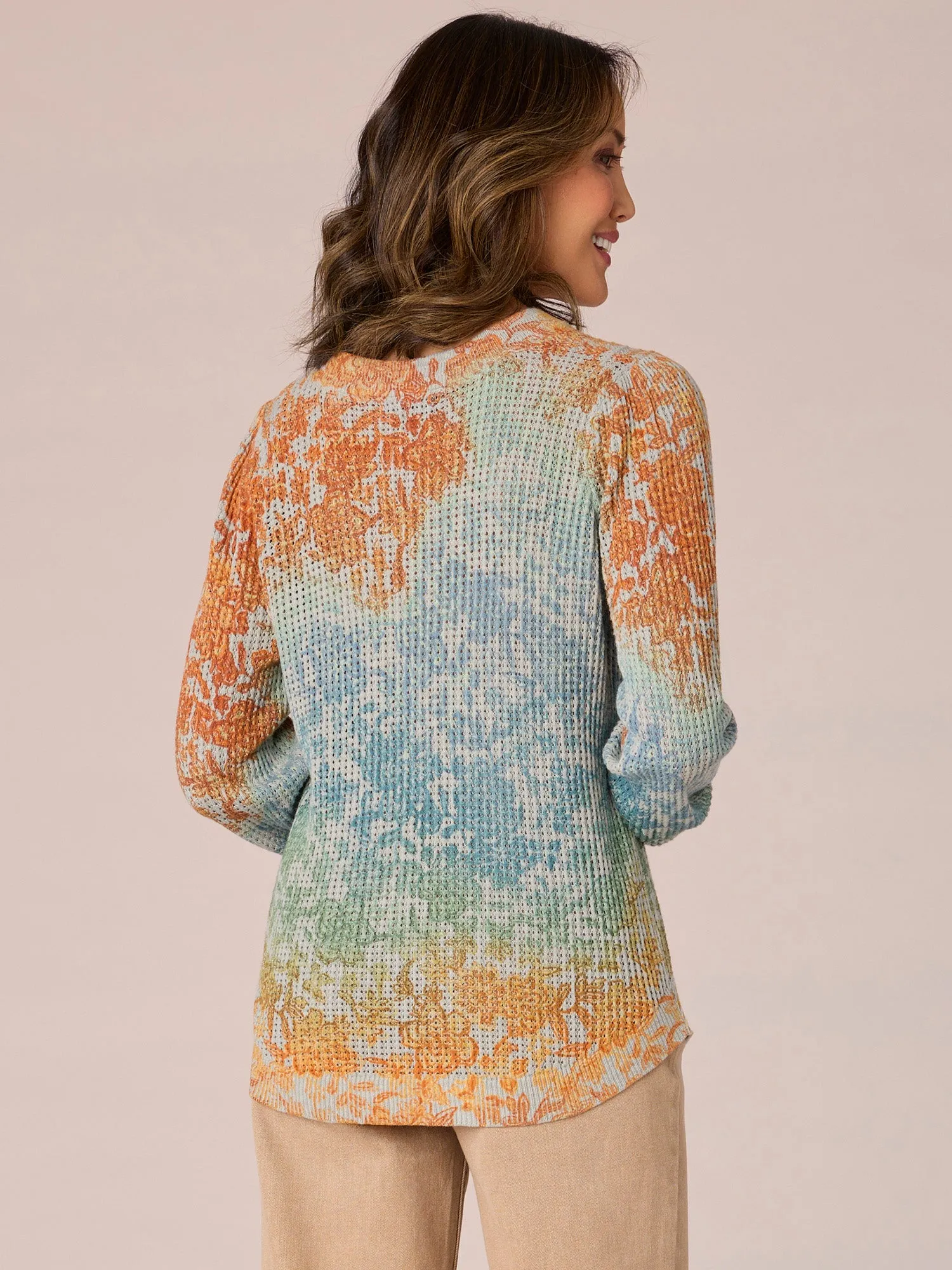 Long Puff Sleeve Round Neck Abstract Print Hi-Low Hem Sweater