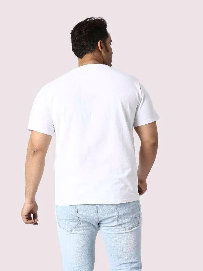 Men Plus Size White Back Customised Printed Round Neck T-Shirt