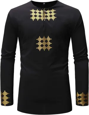 Men'S African Traditional Long Sleeve Shirt Luxury Metallic Gold Printed Dashiki Black Xx-Large