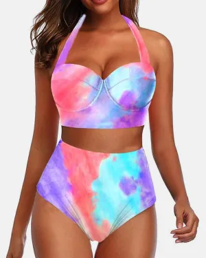 Multicolor Print Strap Tanks With Panties Bikini Sets