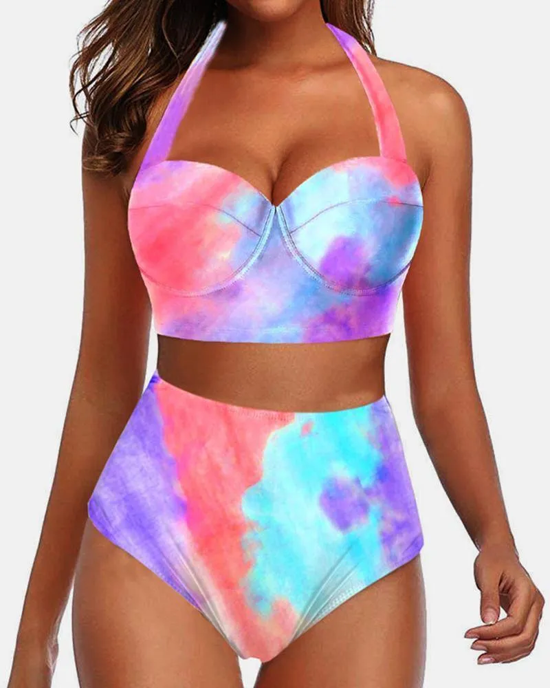 Multicolor Print Strap Tanks With Panties Bikini Sets