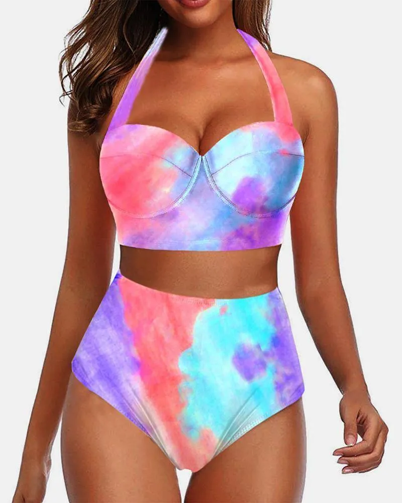 Multicolor Print Strap Tanks With Panties Bikini Sets