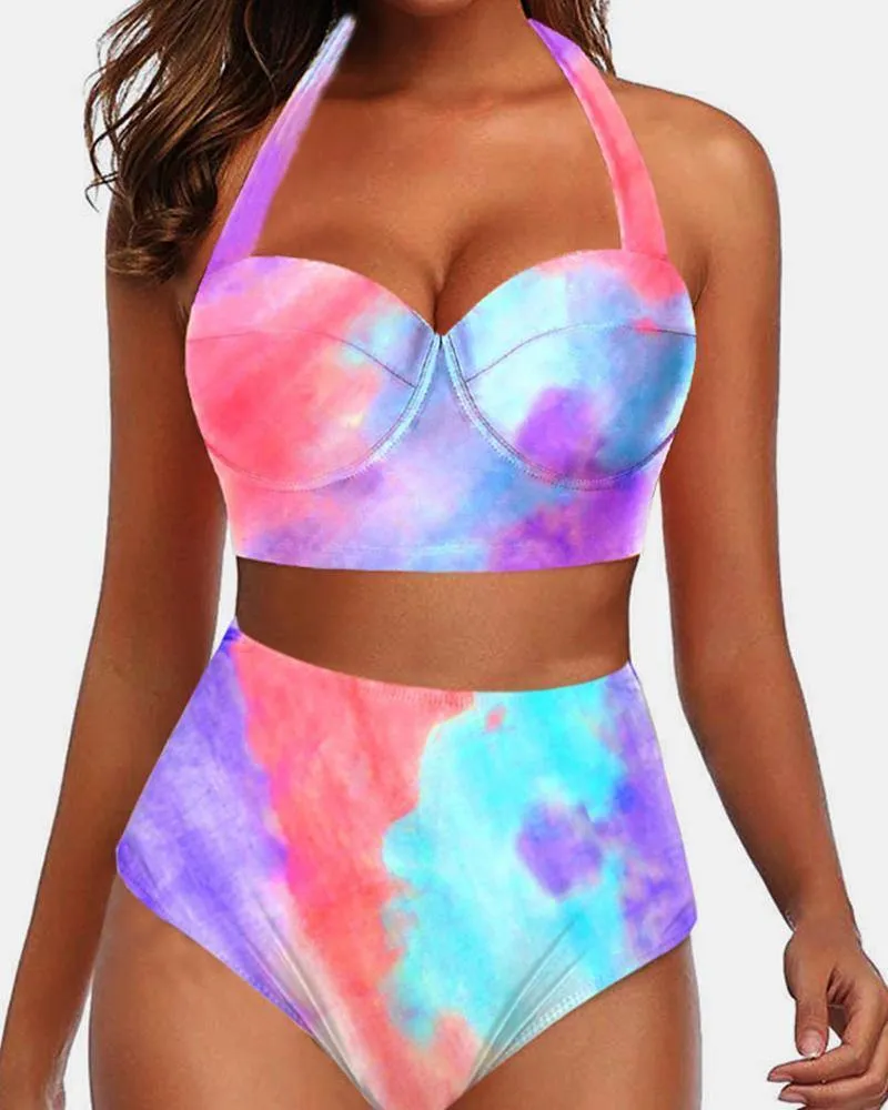 Multicolor Print Strap Tanks With Panties Bikini Sets