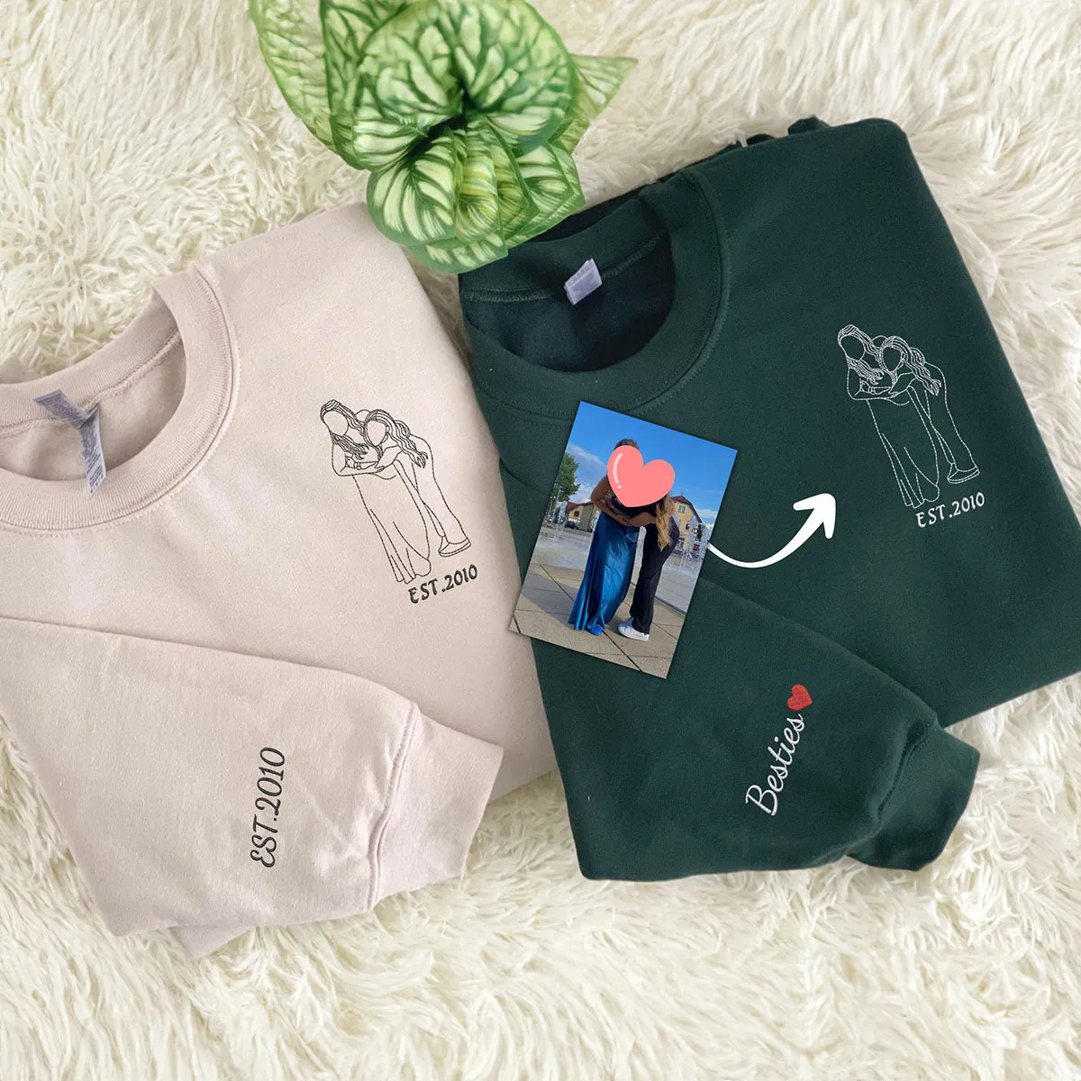 Personalized Matching Bestie Sweatshirts with Embroidery Your Pictures, Besties or EST Year on Sleeve