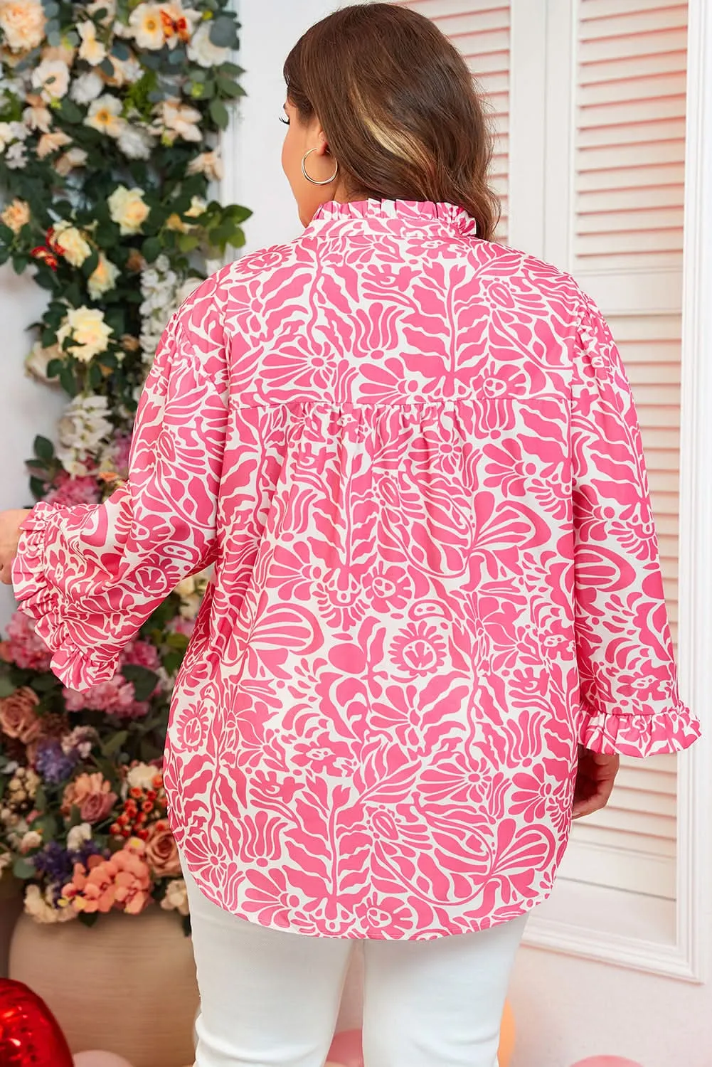 Pink Plus Size Floral Print Frilled Neck Puff Sleeve Top