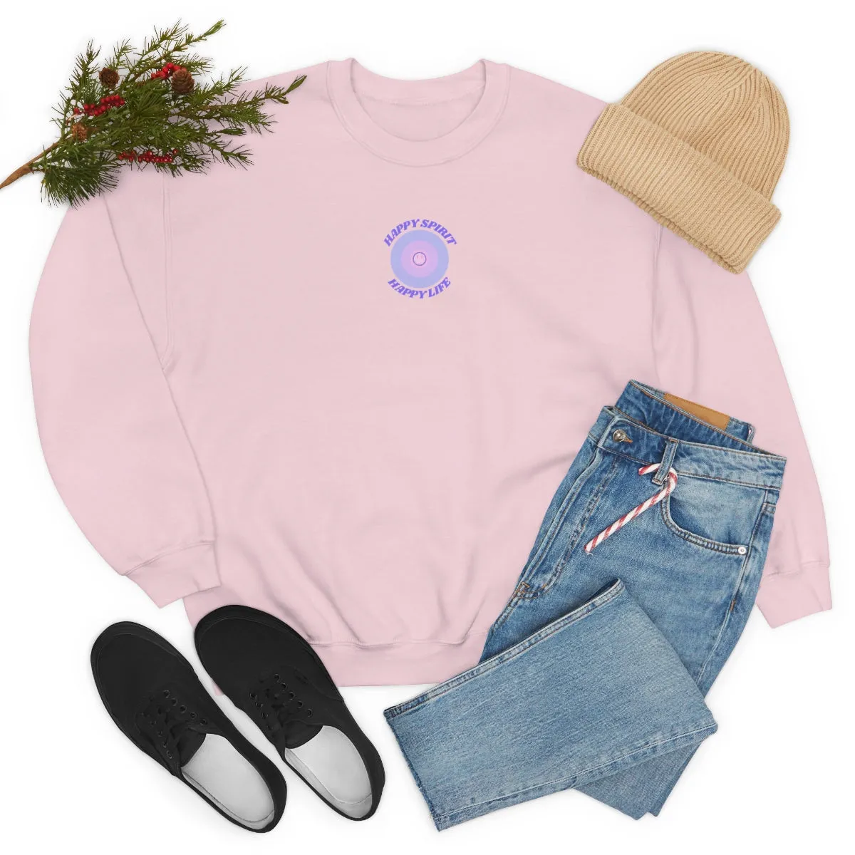 Retro Happy Spirit Happy Life Lavender Lilac Pink Smile Graphic Crewneck, VSCO Girl Sweatshirt, Tumblr Oversized Trendy Back Print Pullover
