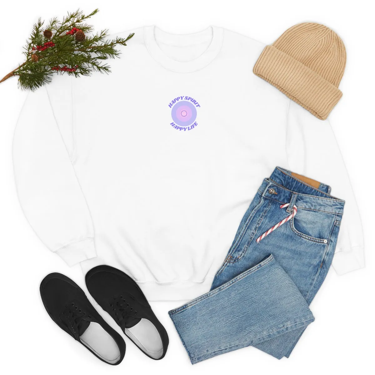 Retro Happy Spirit Happy Life Lavender Lilac Pink Smile Graphic Crewneck, VSCO Girl Sweatshirt, Tumblr Oversized Trendy Back Print Pullover