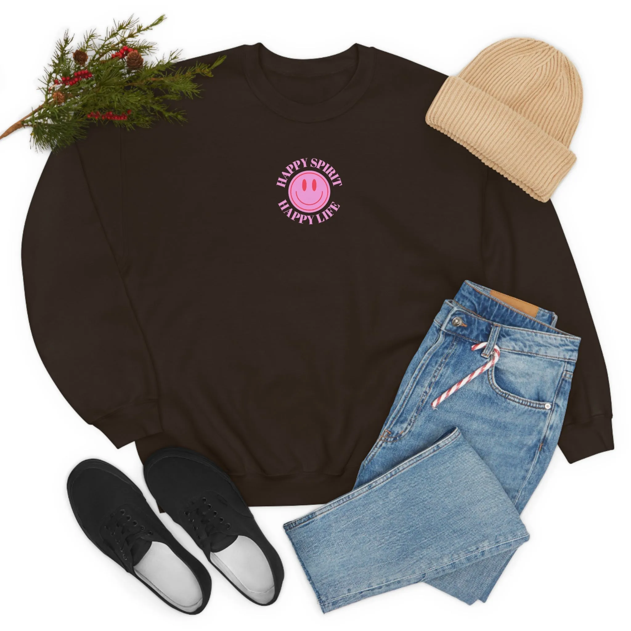 Retro Happy Spirit Happy Life Lavender Lilac Pink Smile Graphic Crewneck, VSCO Girl Sweatshirt, Tumblr Oversized Trendy Back Print Y2k Top