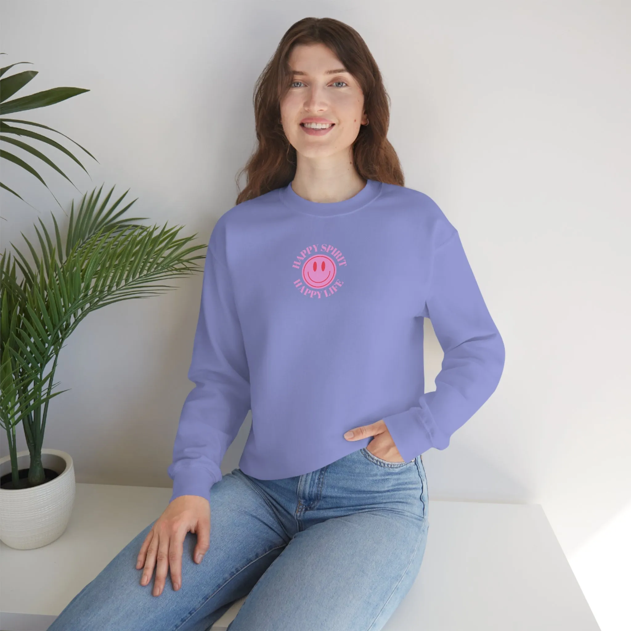 Retro Happy Spirit Happy Life Lavender Lilac Pink Smile Graphic Crewneck, VSCO Girl Sweatshirt, Tumblr Oversized Trendy Back Print Y2k Top