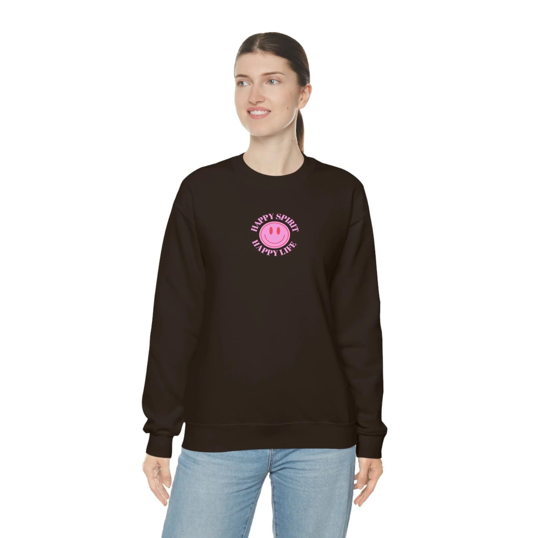 Retro Happy Spirit Happy Life Lavender Lilac Pink Smile Graphic Crewneck, VSCO Girl Sweatshirt, Tumblr Oversized Trendy Back Print Y2k Top