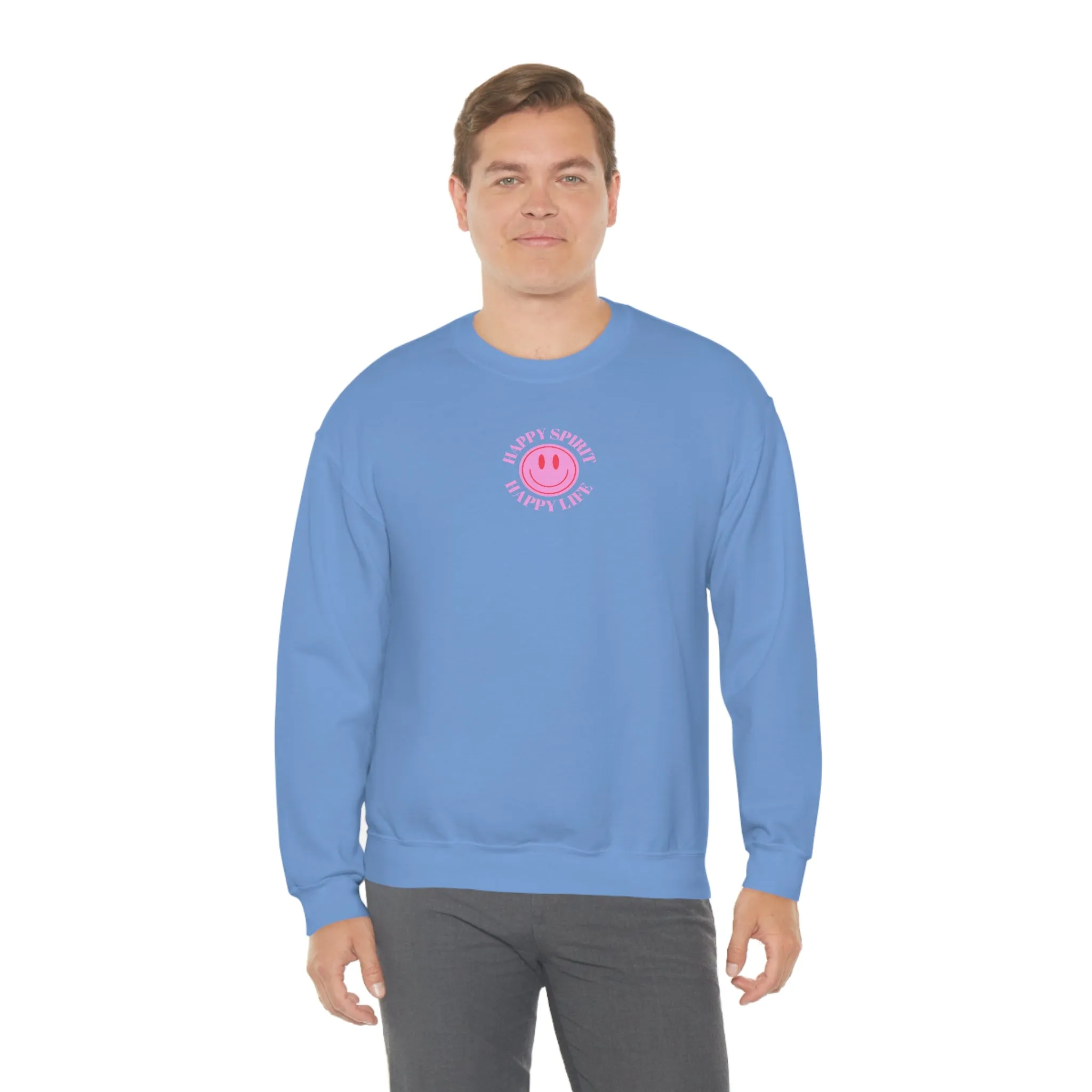 Retro Happy Spirit Happy Life Lavender Lilac Pink Smile Graphic Crewneck, VSCO Girl Sweatshirt, Tumblr Oversized Trendy Back Print Y2k Top