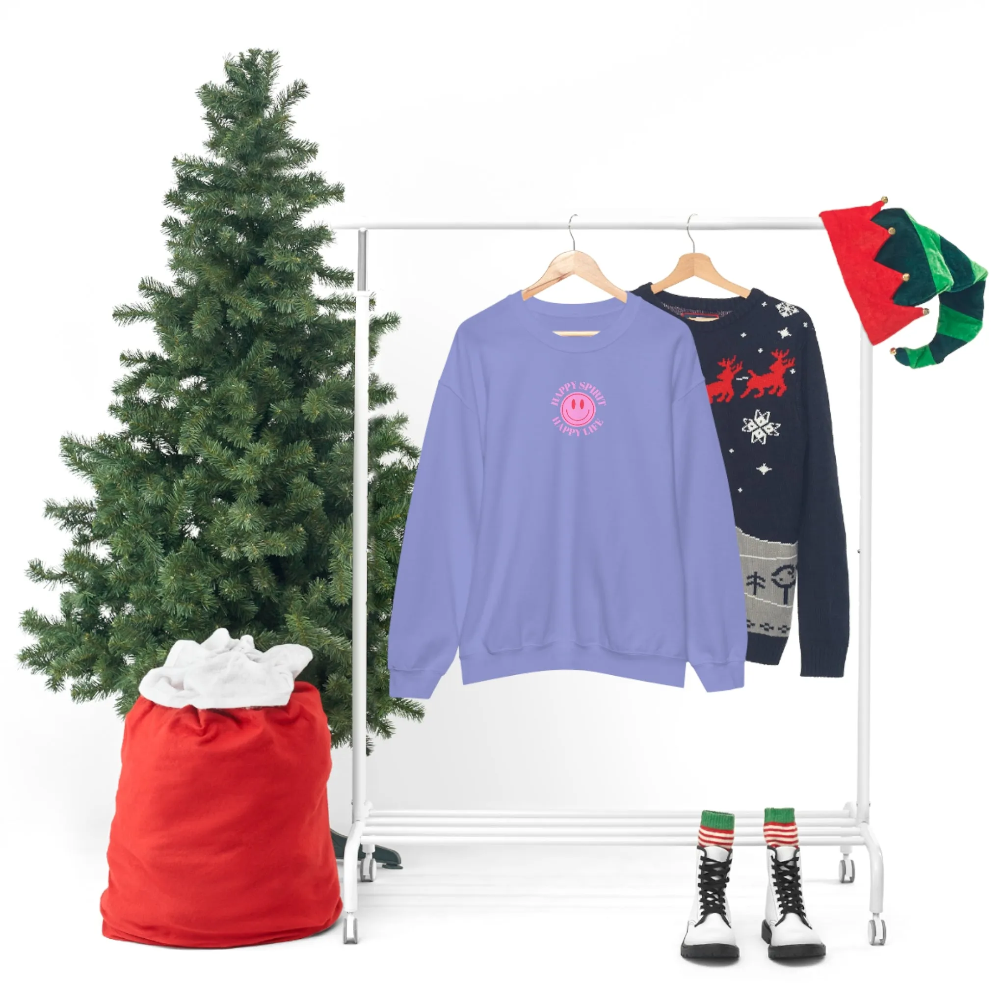 Retro Happy Spirit Happy Life Lavender Lilac Pink Smile Graphic Crewneck, VSCO Girl Sweatshirt, Tumblr Oversized Trendy Back Print Y2k Top