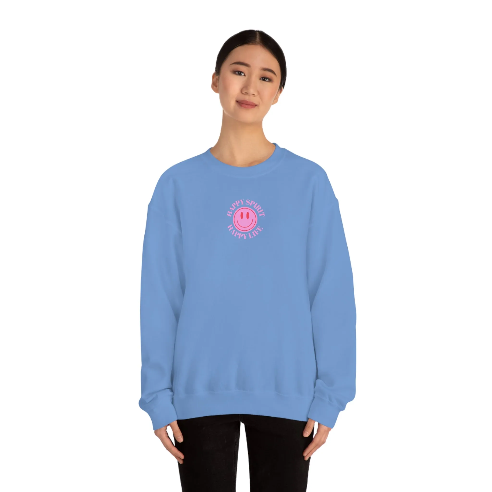 Retro Happy Spirit Happy Life Lavender Lilac Pink Smile Graphic Crewneck, VSCO Girl Sweatshirt, Tumblr Oversized Trendy Back Print Y2k Top