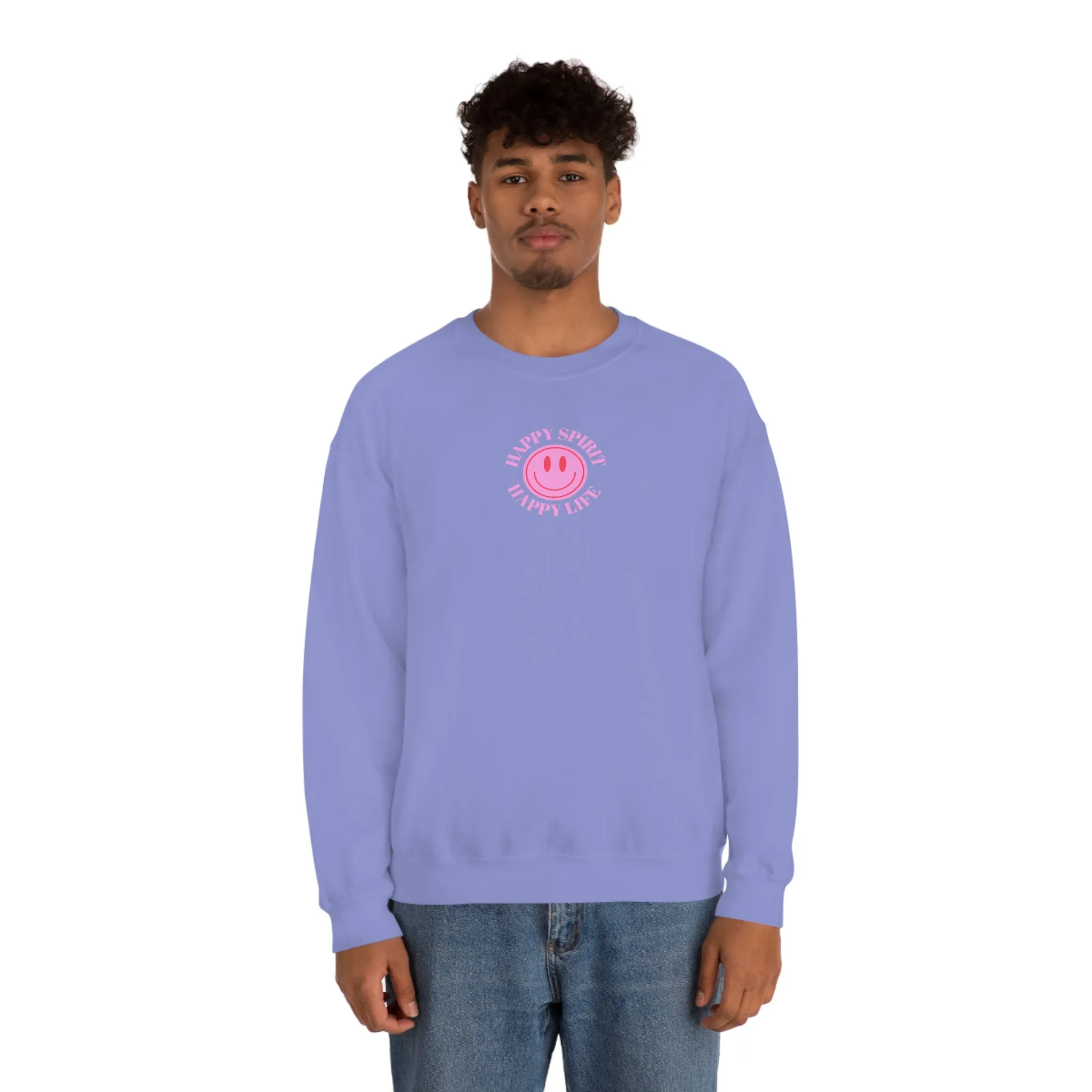 Retro Happy Spirit Happy Life Lavender Lilac Pink Smile Graphic Crewneck, VSCO Girl Sweatshirt, Tumblr Oversized Trendy Back Print Y2k Top