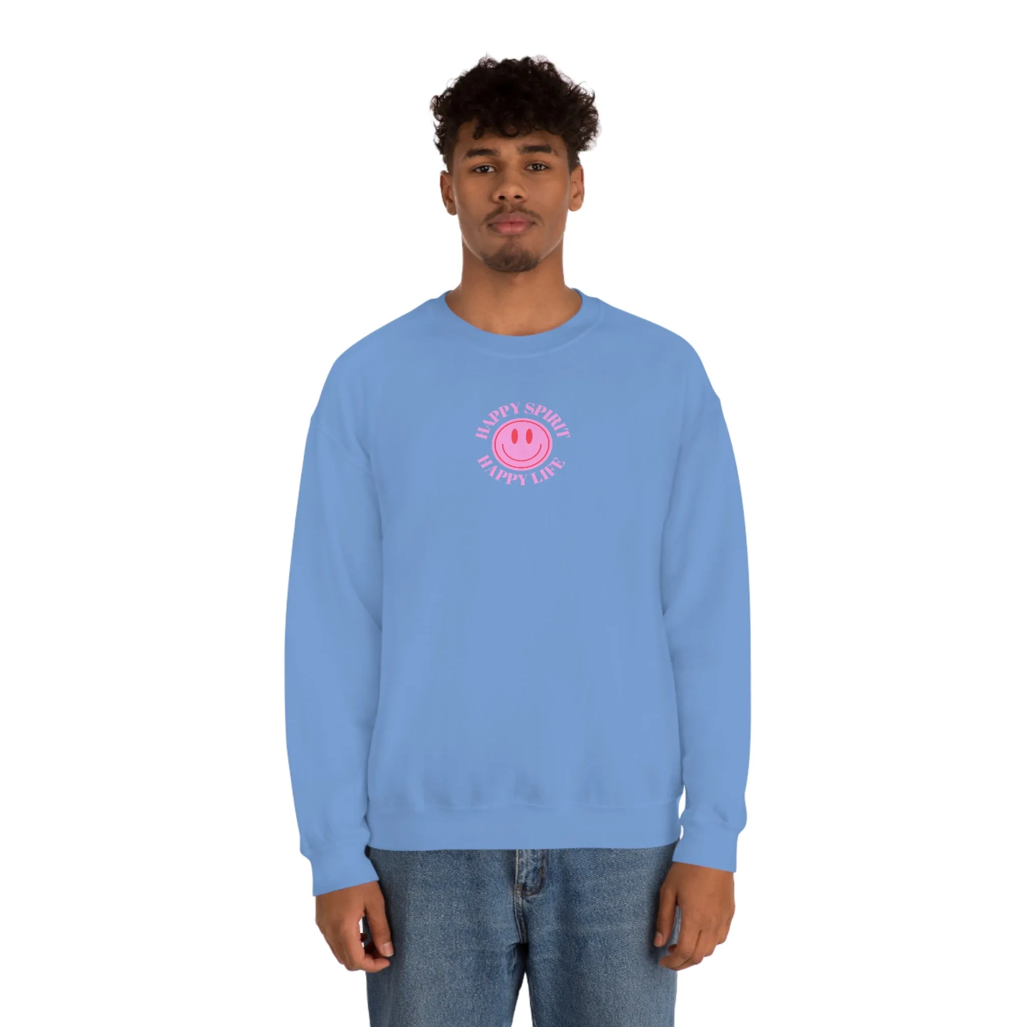 Retro Happy Spirit Happy Life Lavender Lilac Pink Smile Graphic Crewneck, VSCO Girl Sweatshirt, Tumblr Oversized Trendy Back Print Y2k Top