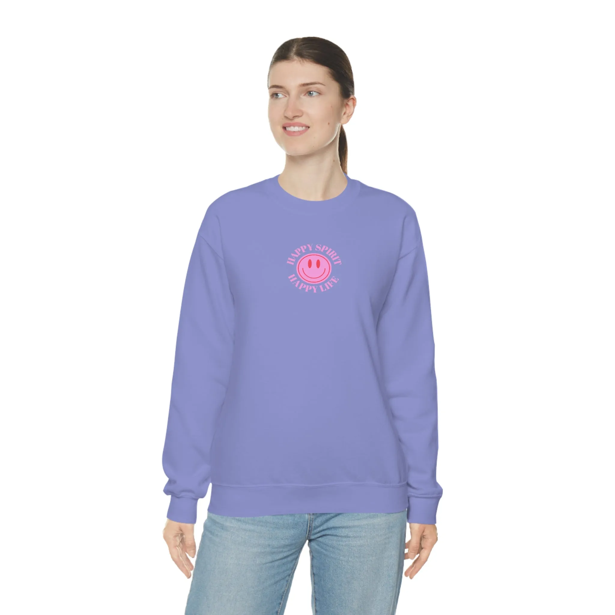 Retro Happy Spirit Happy Life Lavender Lilac Pink Smile Graphic Crewneck, VSCO Girl Sweatshirt, Tumblr Oversized Trendy Back Print Y2k Top