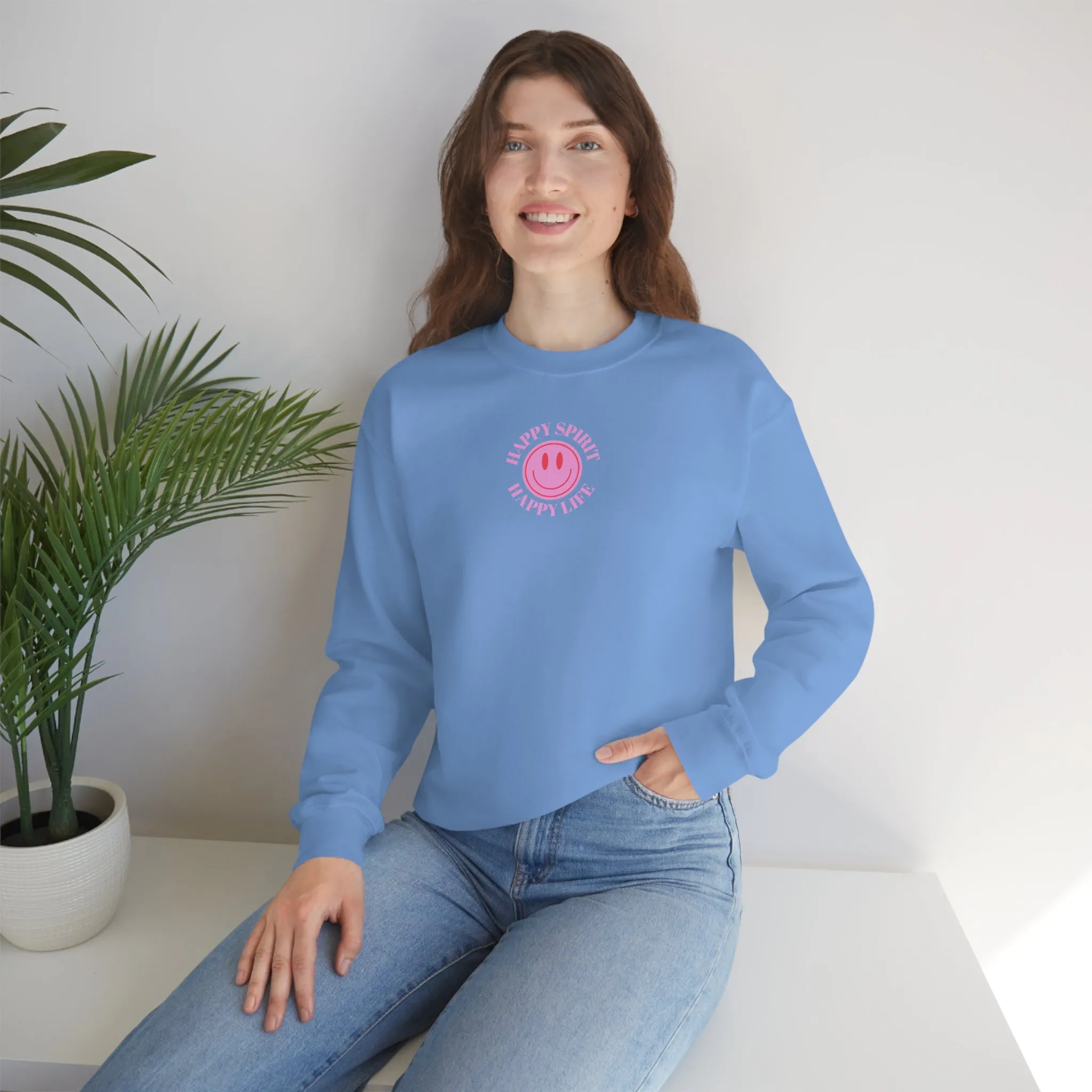Retro Happy Spirit Happy Life Lavender Lilac Pink Smile Graphic Crewneck, VSCO Girl Sweatshirt, Tumblr Oversized Trendy Back Print Y2k Top