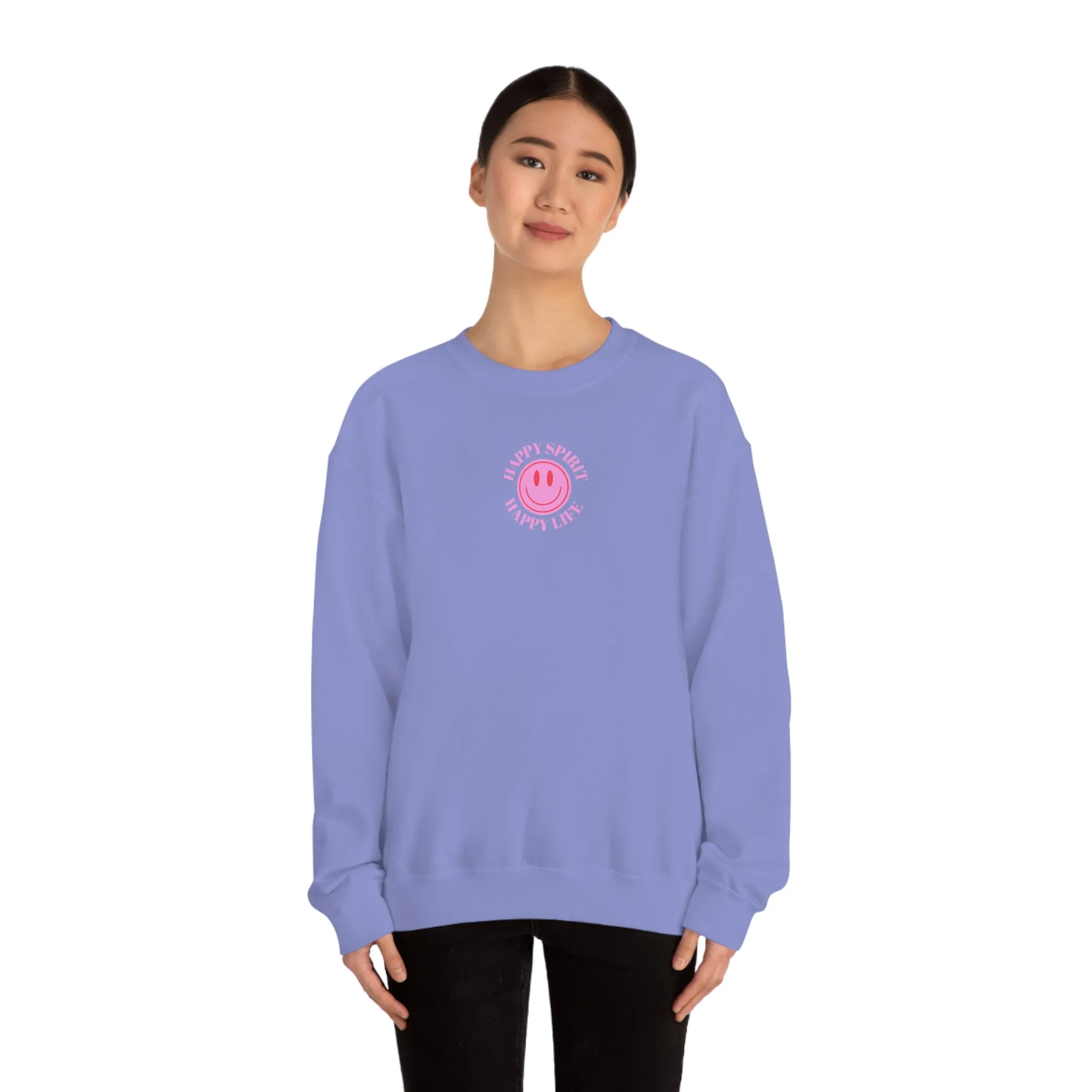 Retro Happy Spirit Happy Life Lavender Lilac Pink Smile Graphic Crewneck, VSCO Girl Sweatshirt, Tumblr Oversized Trendy Back Print Y2k Top