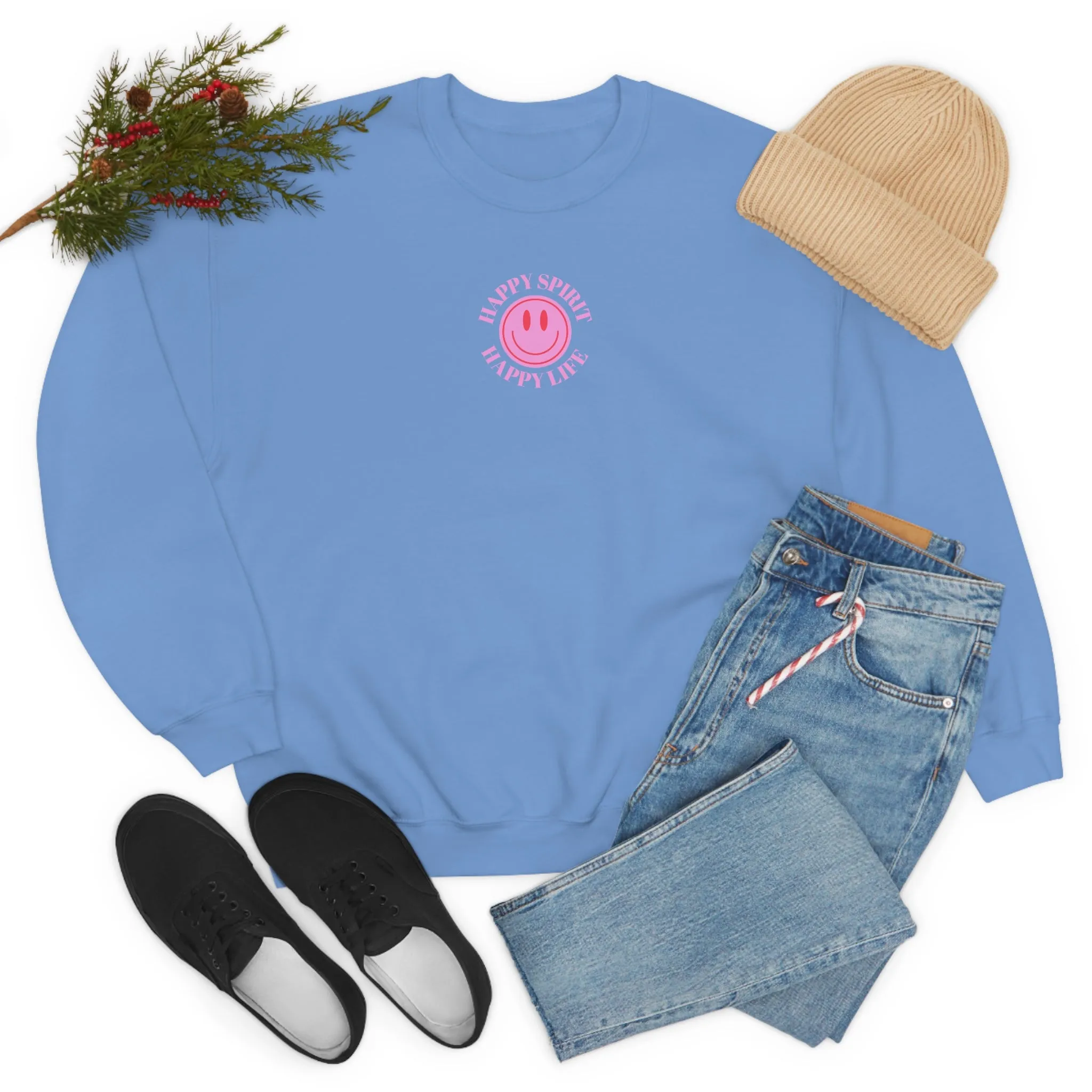 Retro Happy Spirit Happy Life Lavender Lilac Pink Smile Graphic Crewneck, VSCO Girl Sweatshirt, Tumblr Oversized Trendy Back Print Y2k Top