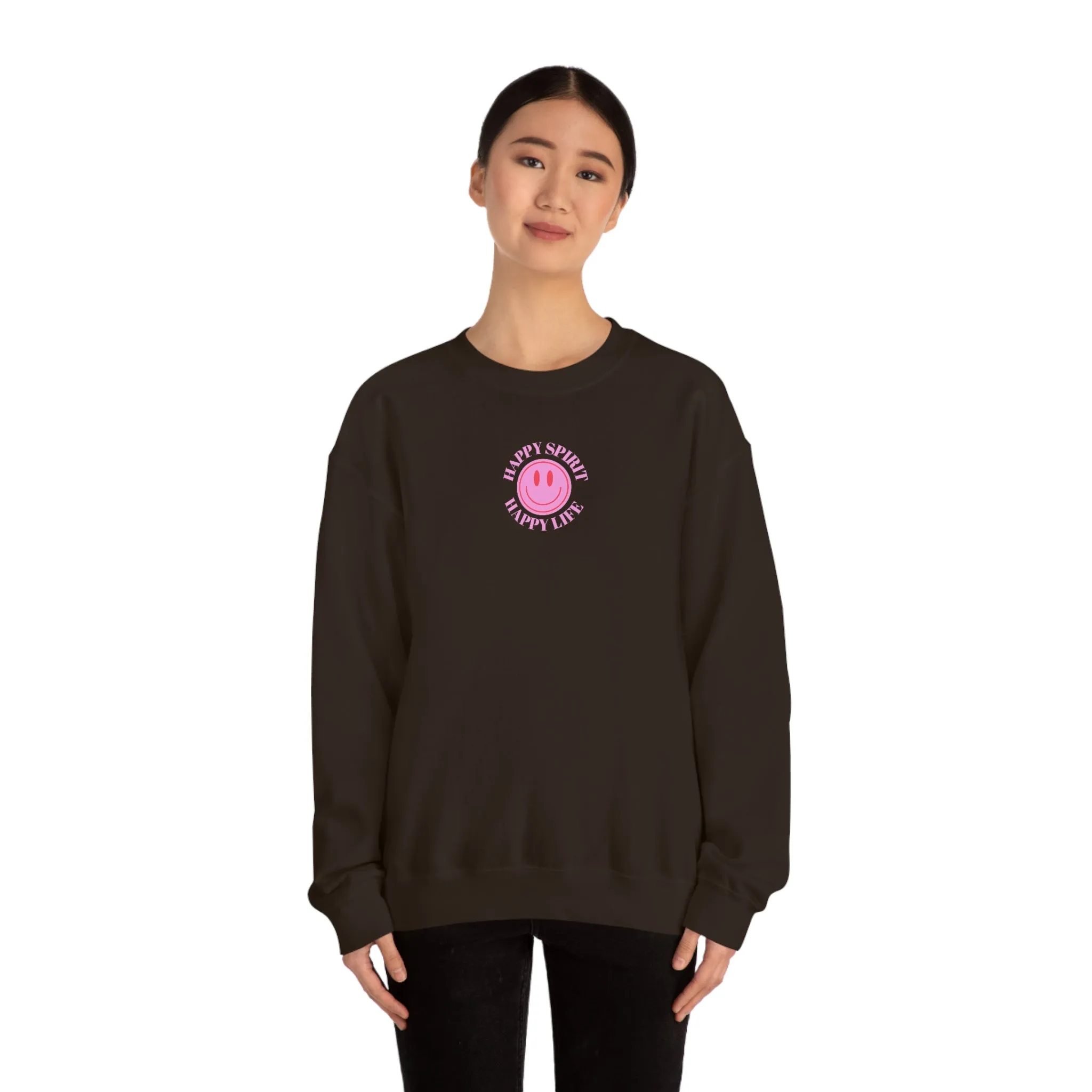 Retro Happy Spirit Happy Life Lavender Lilac Pink Smile Graphic Crewneck, VSCO Girl Sweatshirt, Tumblr Oversized Trendy Back Print Y2k Top