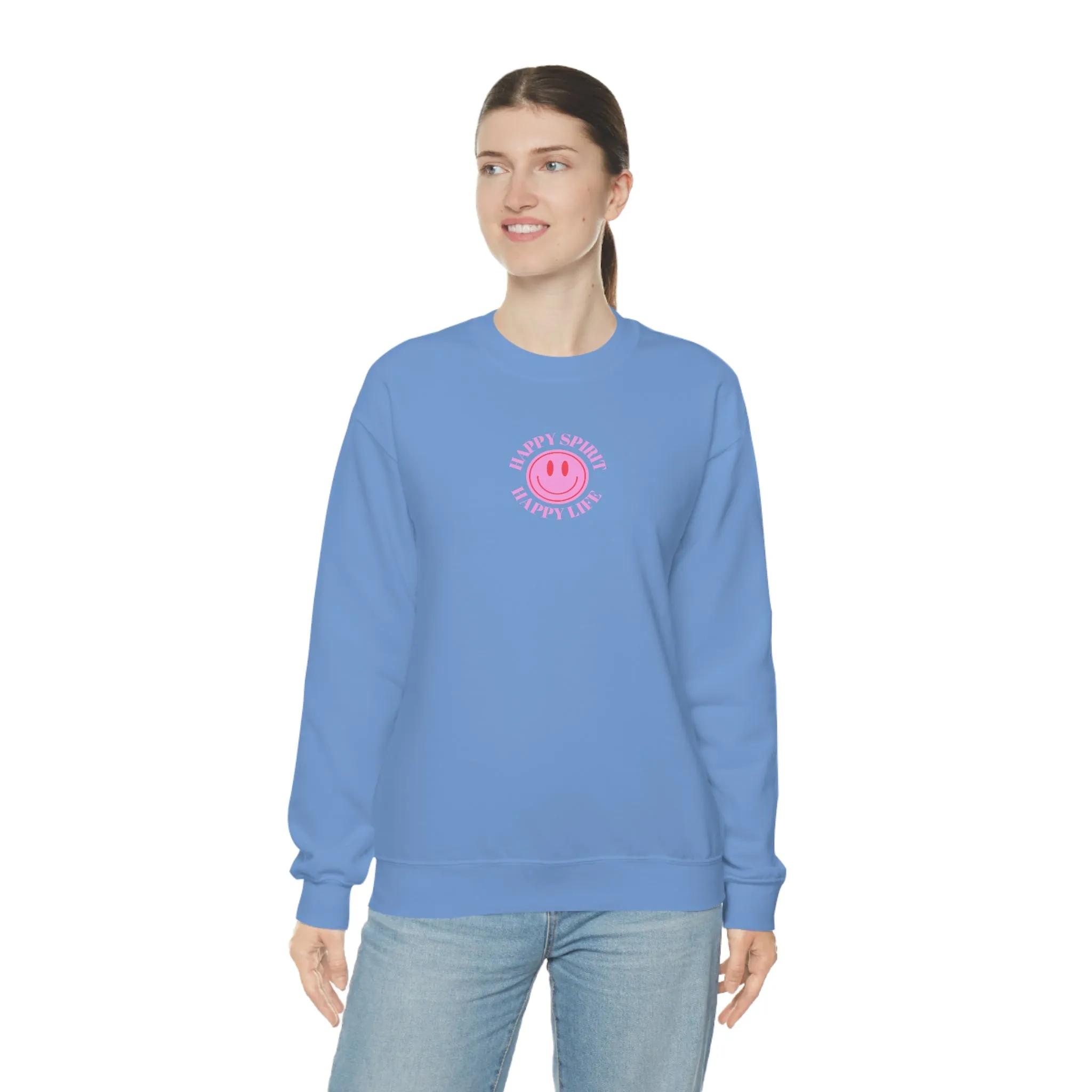 Retro Happy Spirit Happy Life Lavender Lilac Pink Smile Graphic Crewneck, VSCO Girl Sweatshirt, Tumblr Oversized Trendy Back Print Y2k Top
