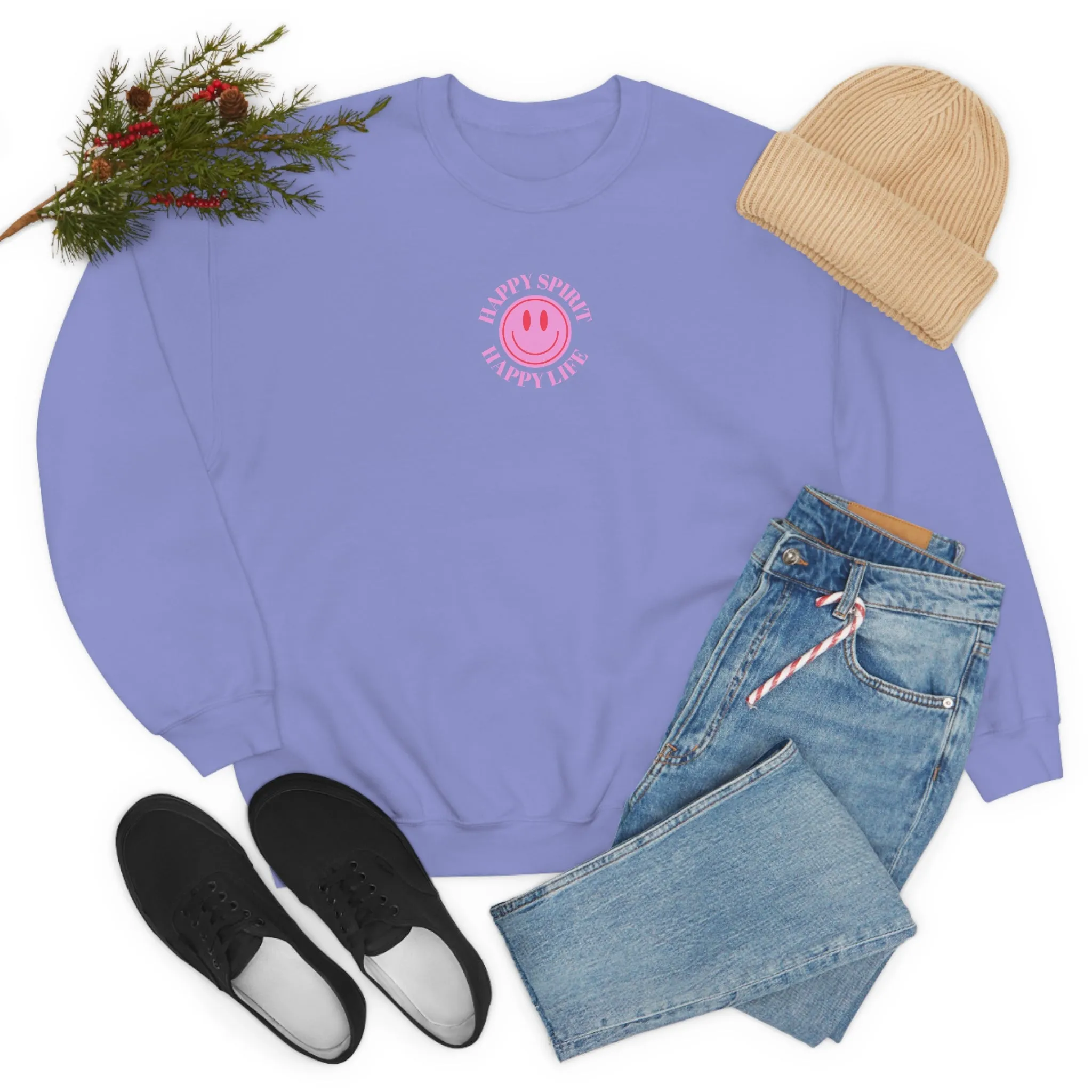 Retro Happy Spirit Happy Life Lavender Lilac Pink Smile Graphic Crewneck, VSCO Girl Sweatshirt, Tumblr Oversized Trendy Back Print Y2k Top