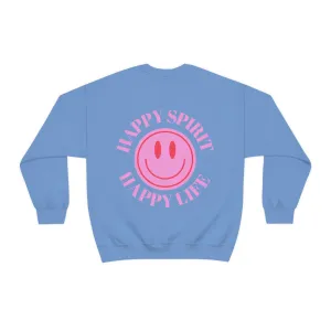 Retro Happy Spirit Happy Life Lavender Lilac Pink Smile Graphic Crewneck, VSCO Girl Sweatshirt, Tumblr Oversized Trendy Back Print Y2k Top