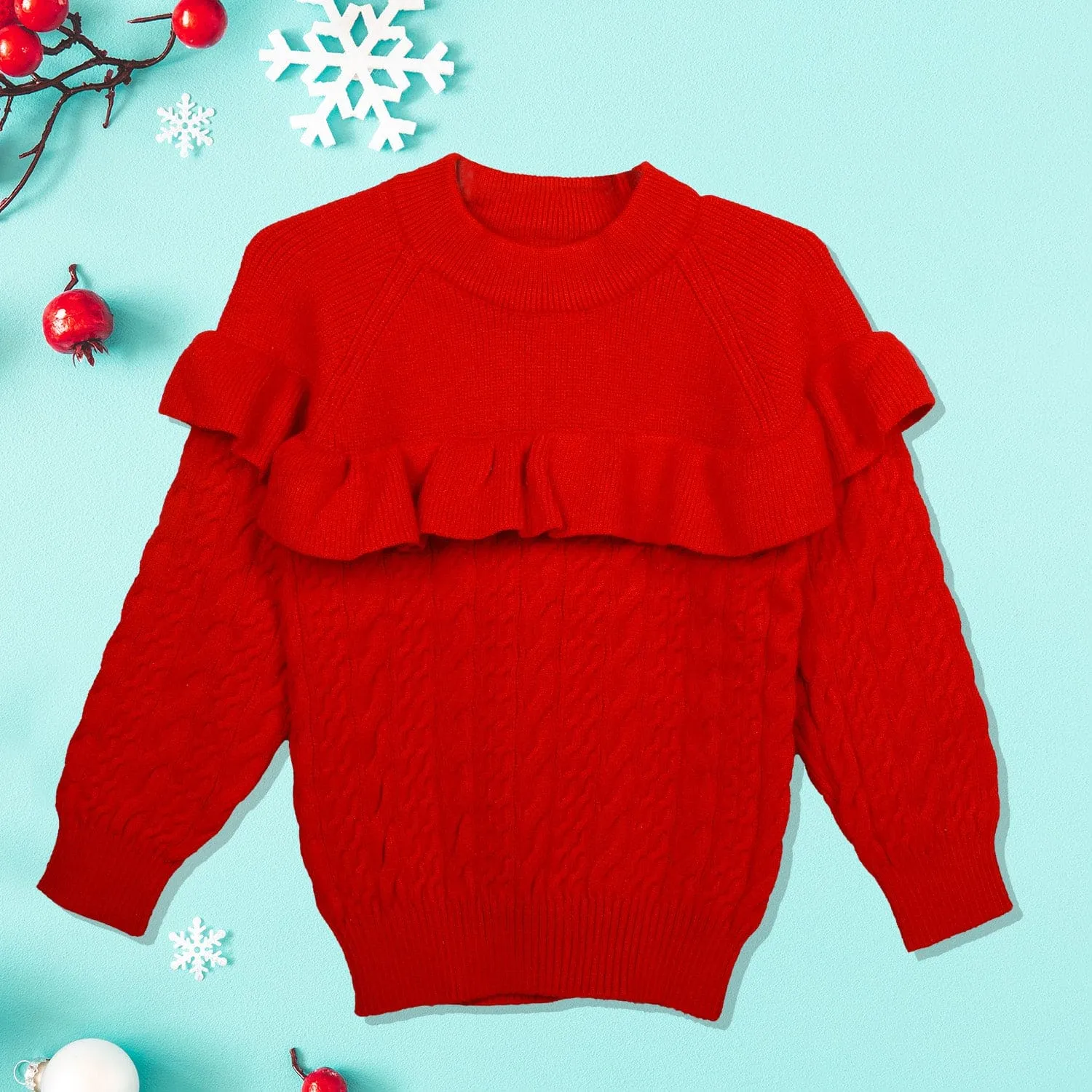 Ruffled Jumper Solid Premium Full Sleeves Braided Knit Sweater - Red