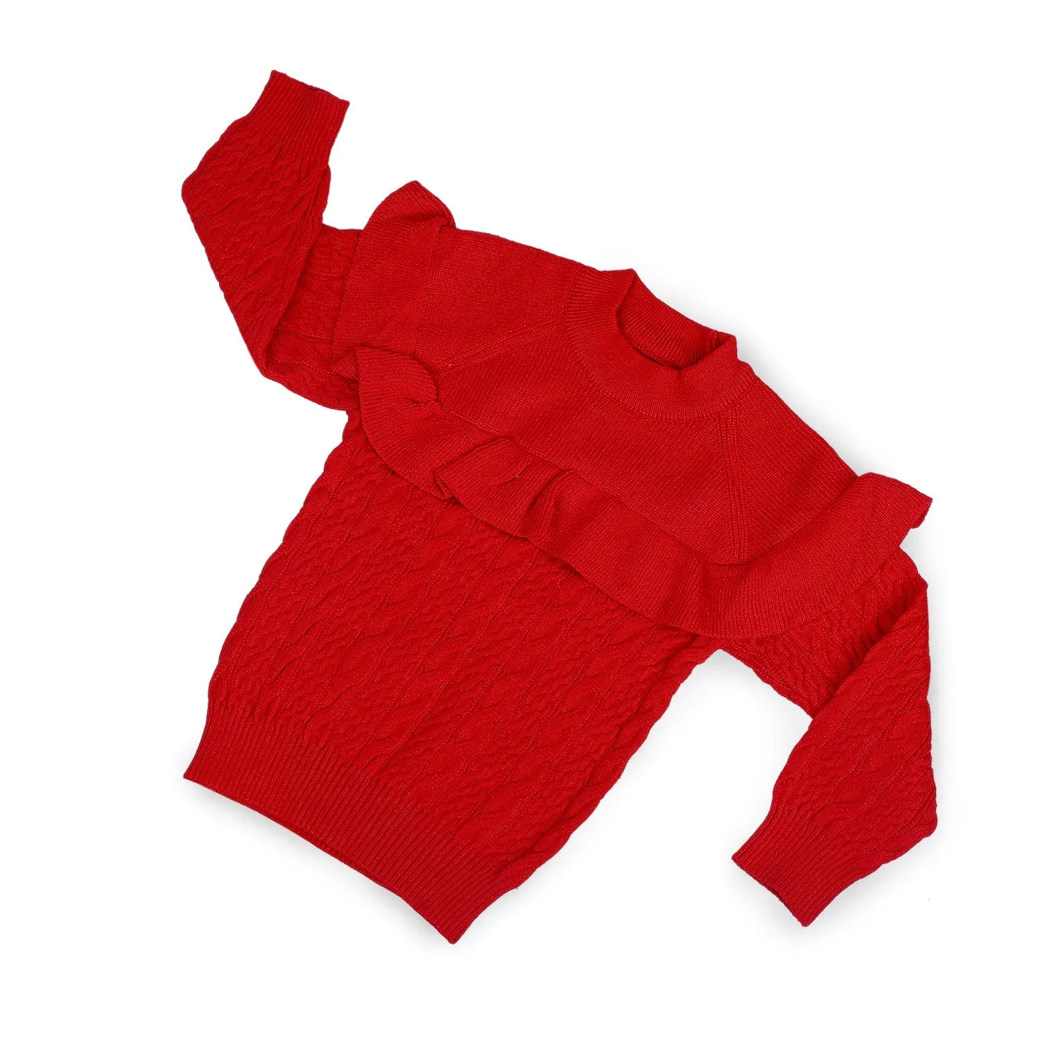 Ruffled Jumper Solid Premium Full Sleeves Braided Knit Sweater - Red