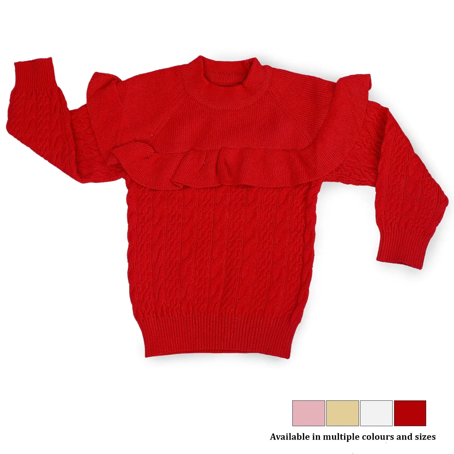 Ruffled Jumper Solid Premium Full Sleeves Braided Knit Sweater - Red