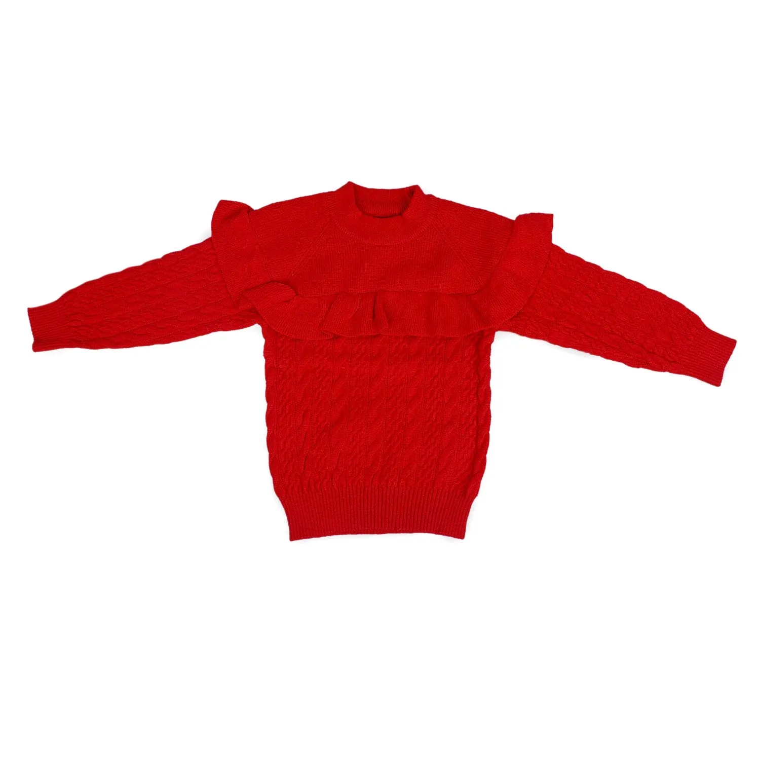Ruffled Jumper Solid Premium Full Sleeves Braided Knit Sweater - Red