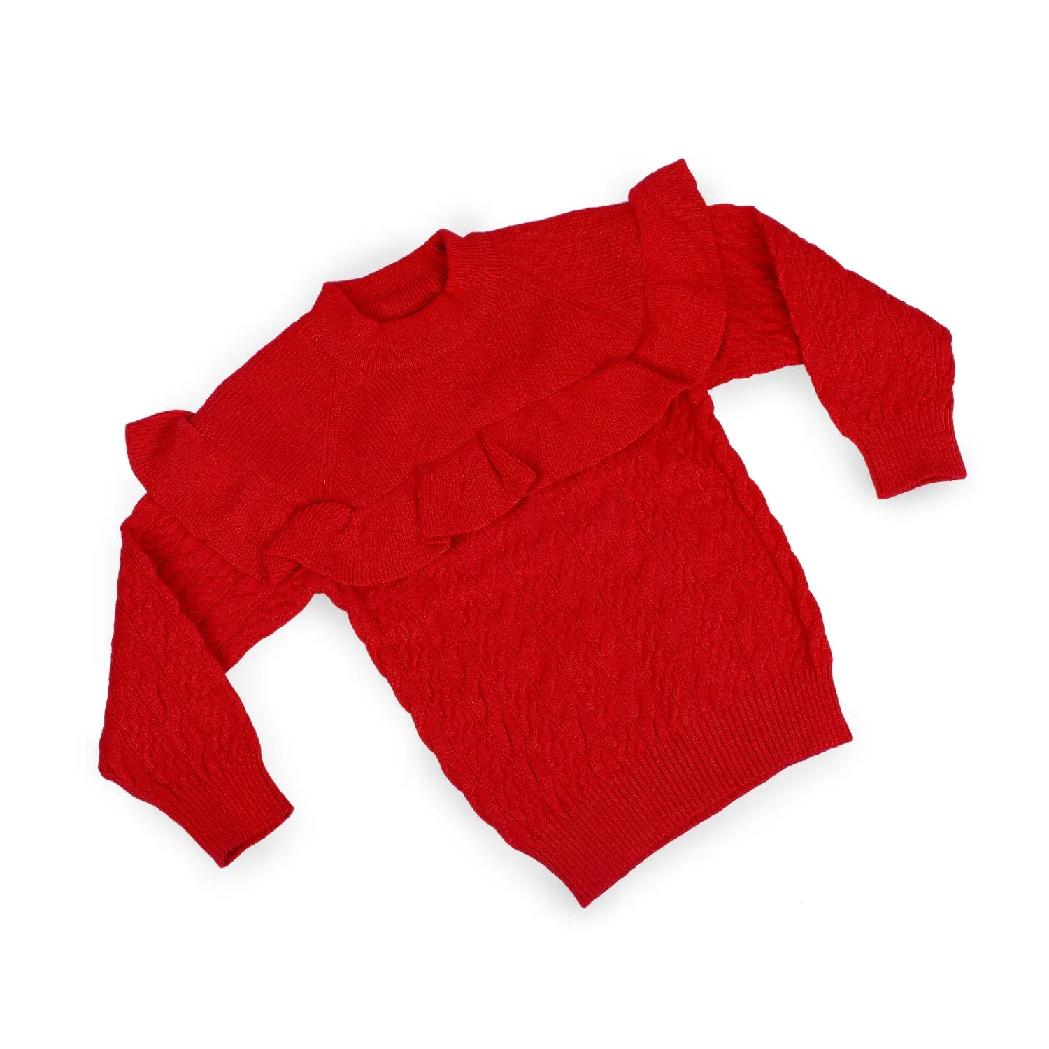 Ruffled Jumper Solid Premium Full Sleeves Braided Knit Sweater - Red