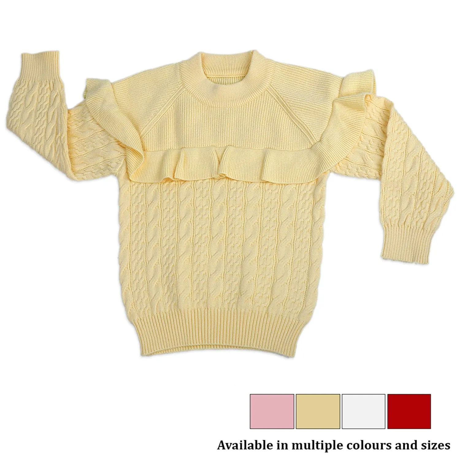 Ruffled Jumper Solid Premium Full Sleeves Braided Knit Sweater - Yellow
