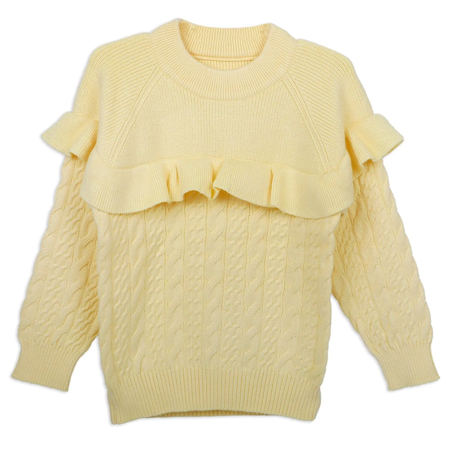 Ruffled Jumper Solid Premium Full Sleeves Braided Knit Sweater - Yellow